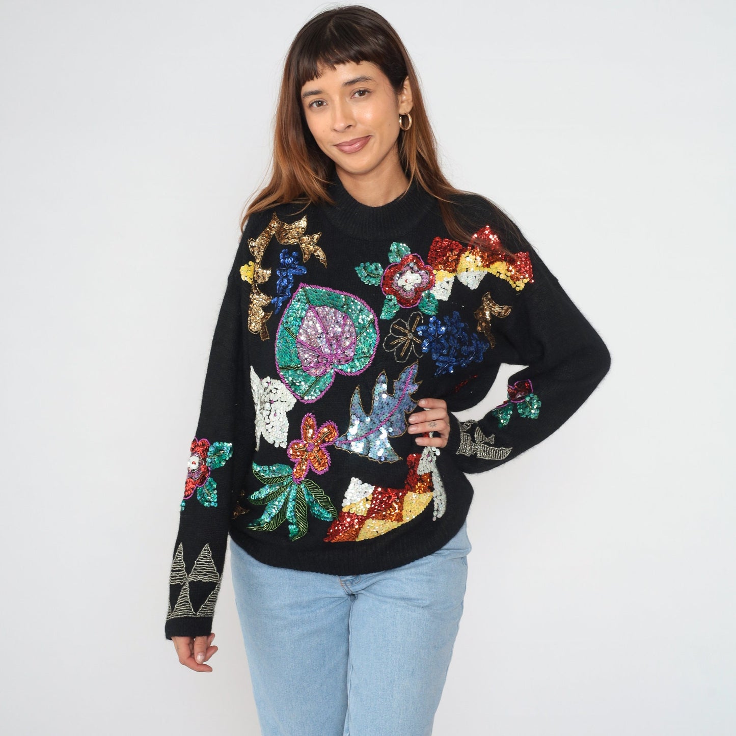 90s Black Sequin Floral Sweater Knit Pullover Silk Angora Blend Medium M