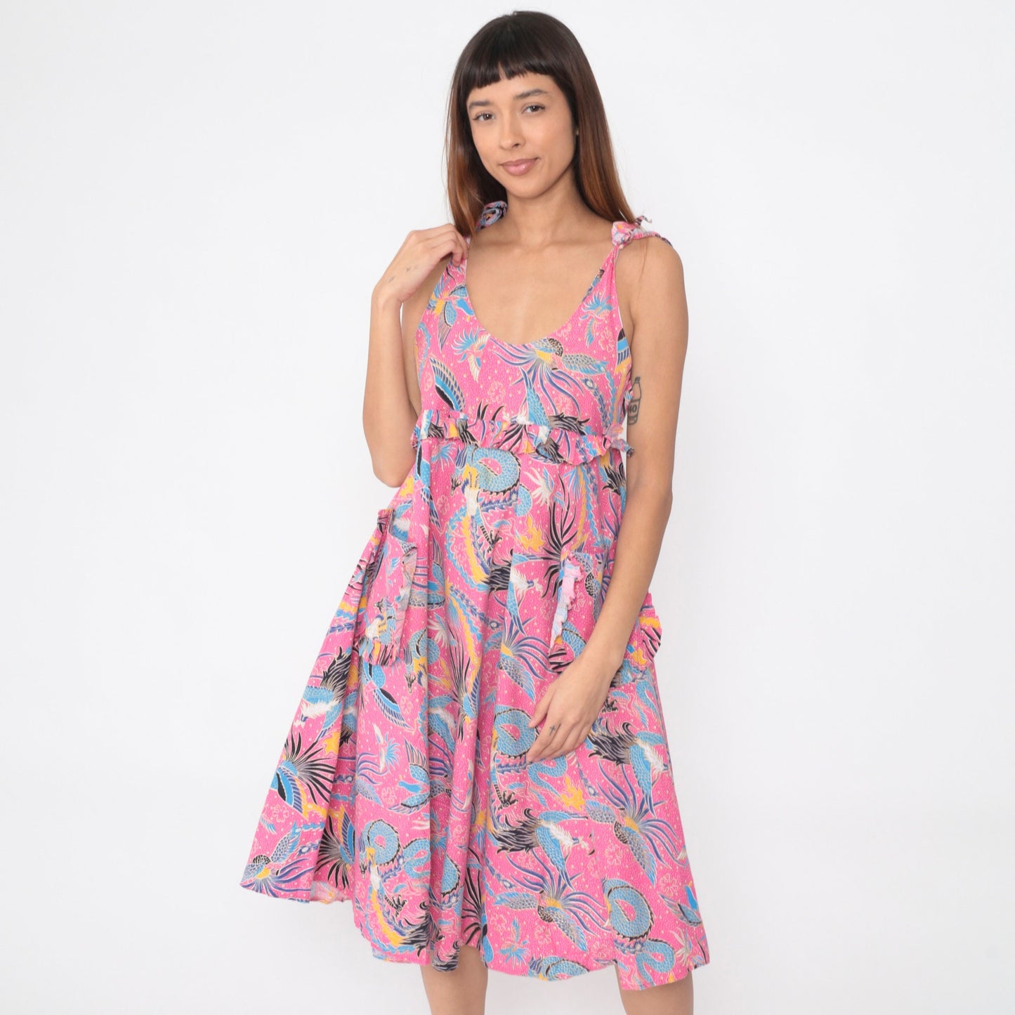 80s Dragon Phoenix Bird Print Pink Midi Sundress Empire Waist Small
