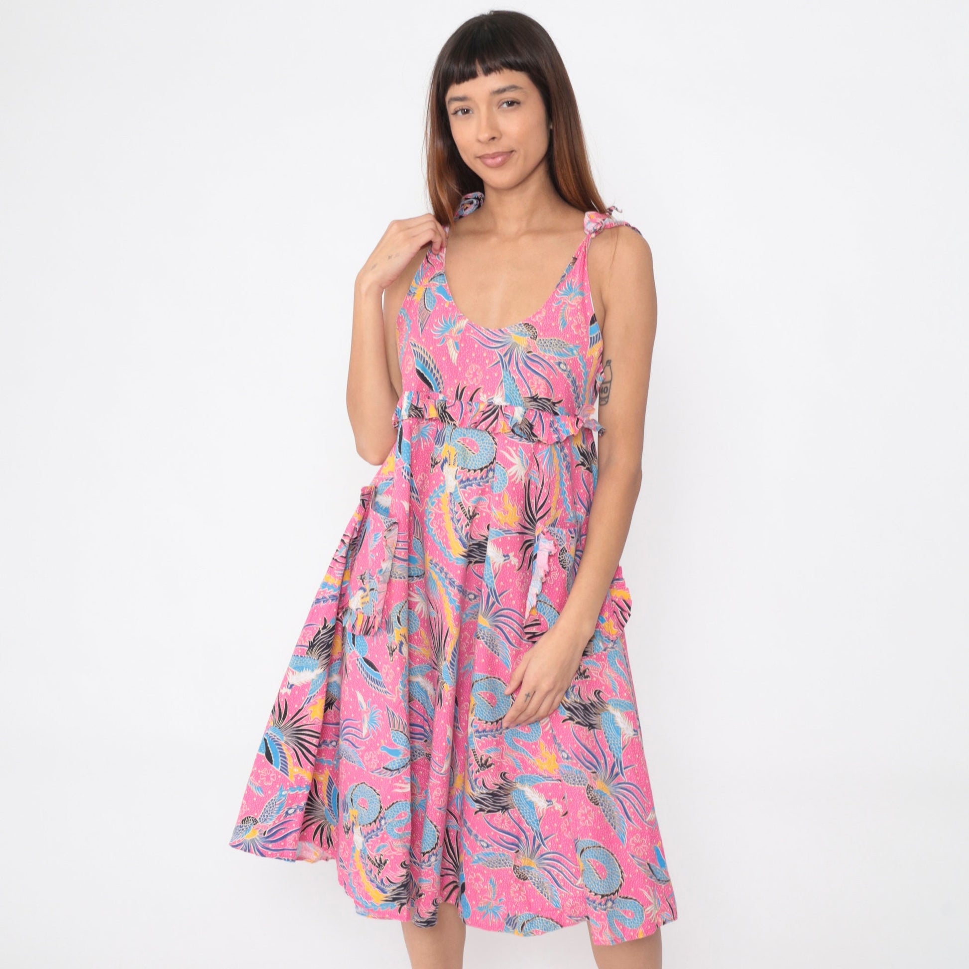 80s Dragon Phoenix Bird Print Pink Midi Sundress Empire Waist Small
