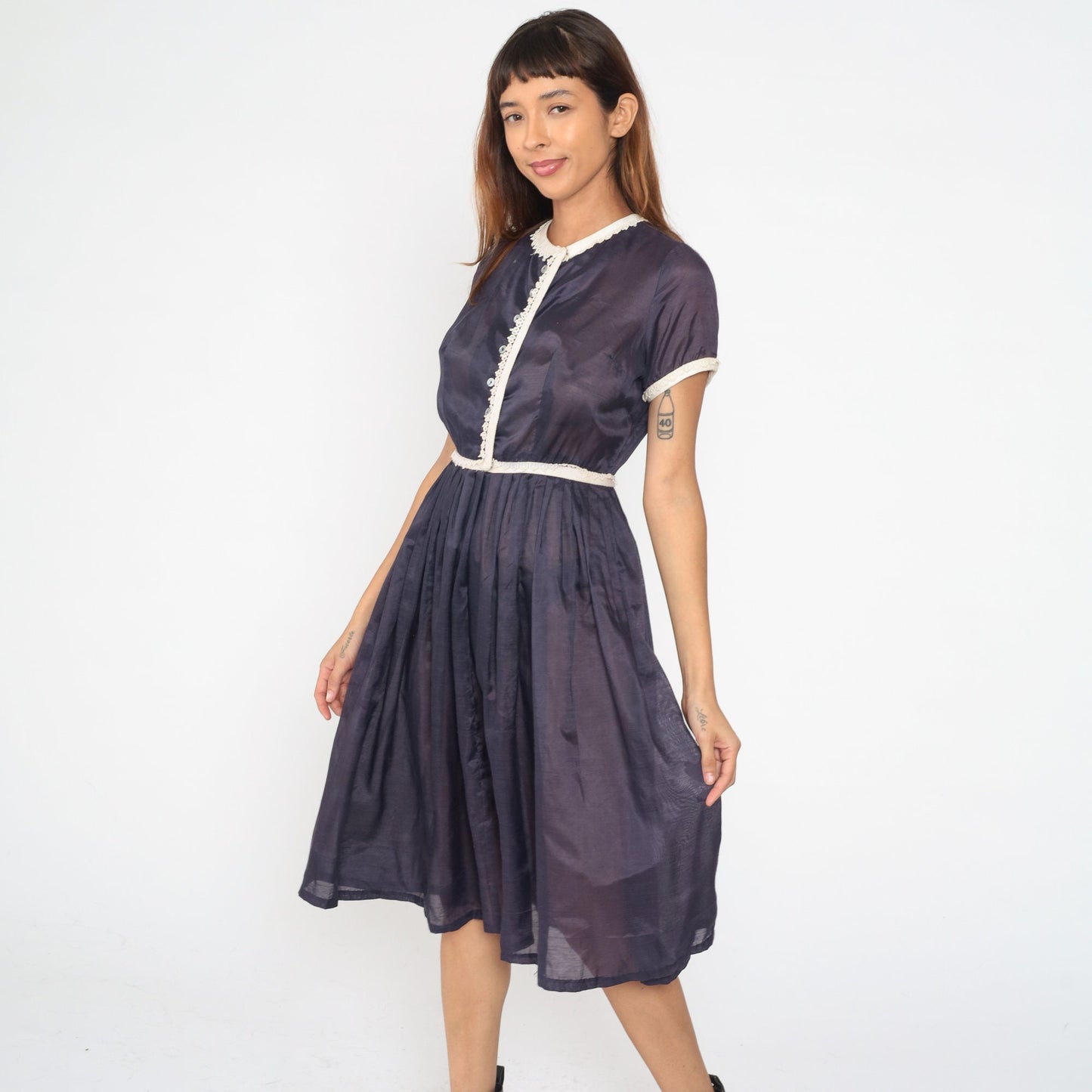 1950s Navy Sheer Button-Up Shirtdress Lace Trim Pleated Skirt Tea Length Small S