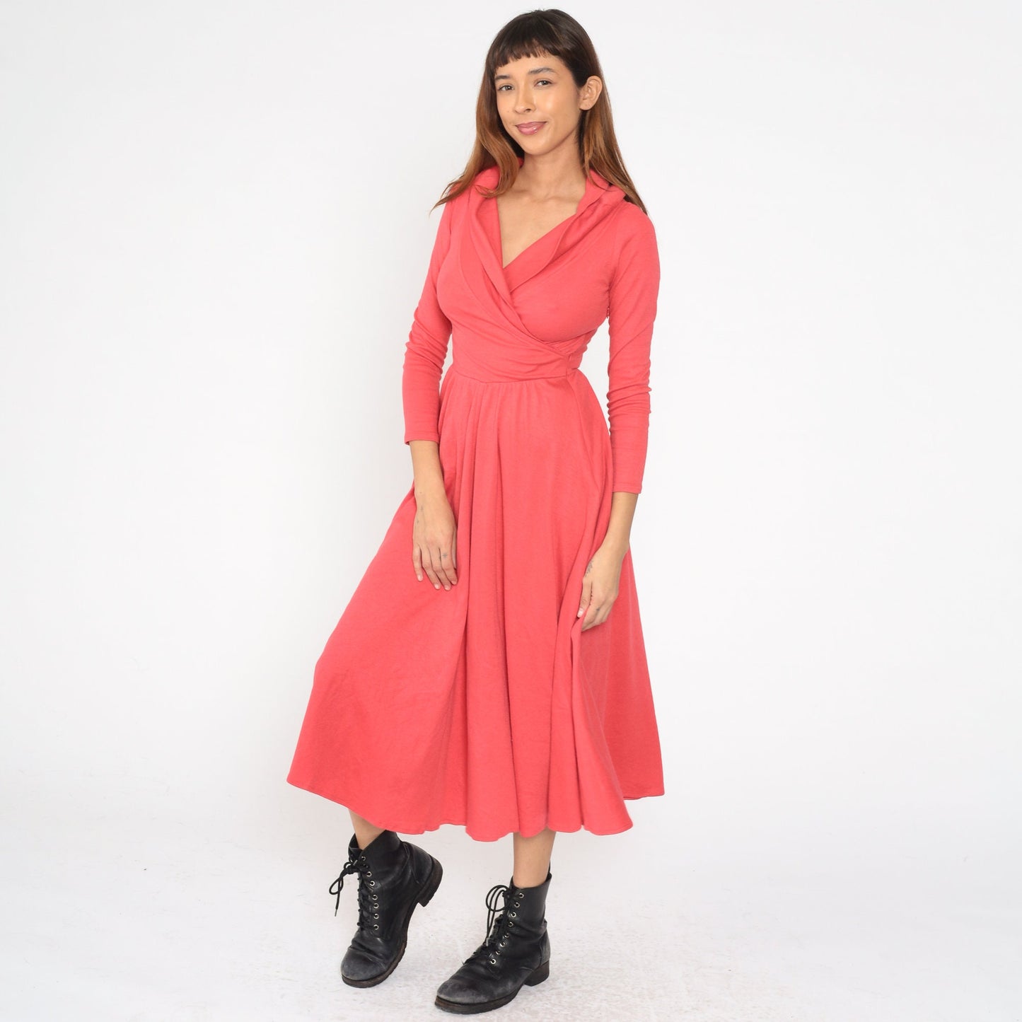 90s Coral Wrap Midi Dress Deep V Neck Long Sleeve High Waist Small S