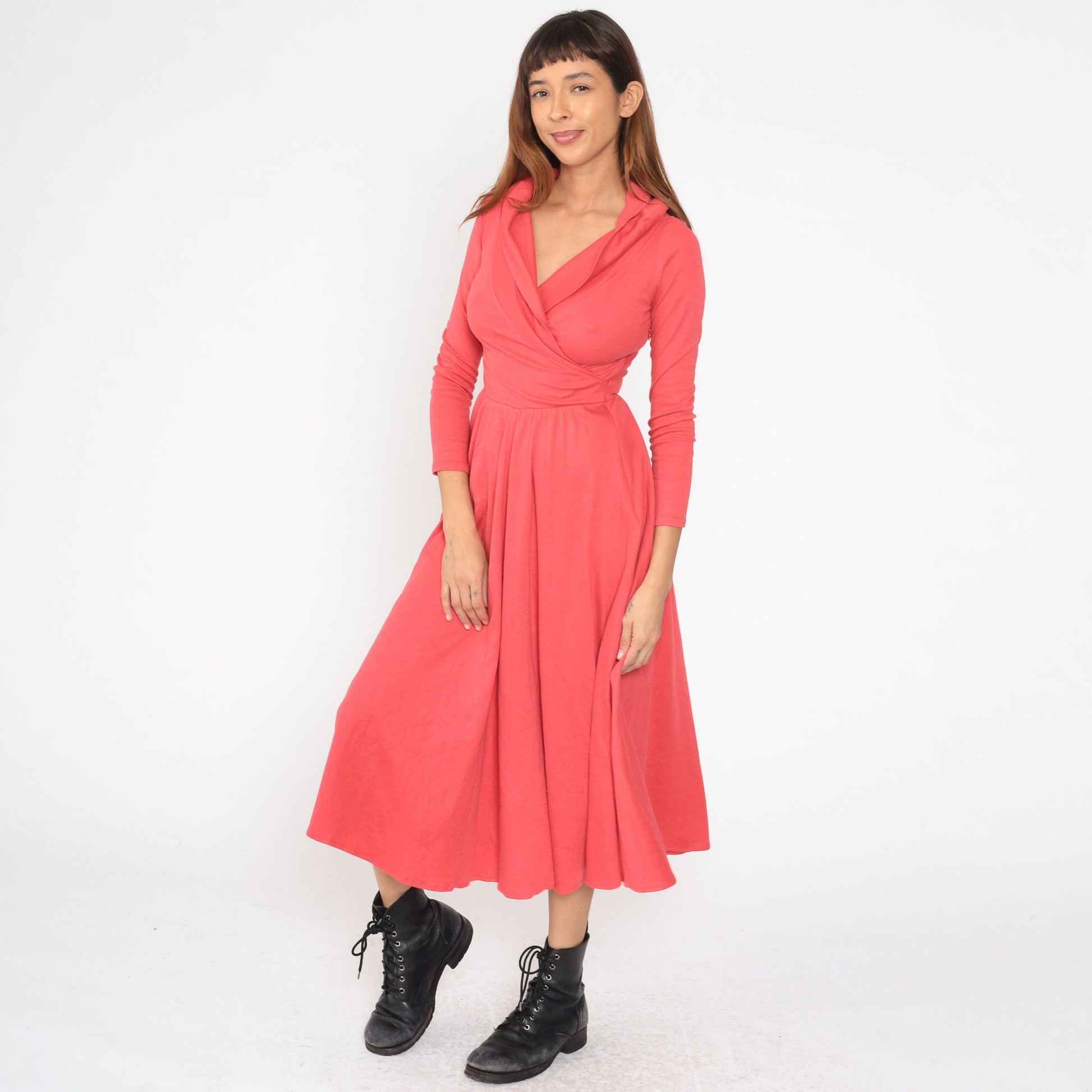 90s Coral Wrap Midi Dress Deep V Neck Long Sleeve High Waist Small S