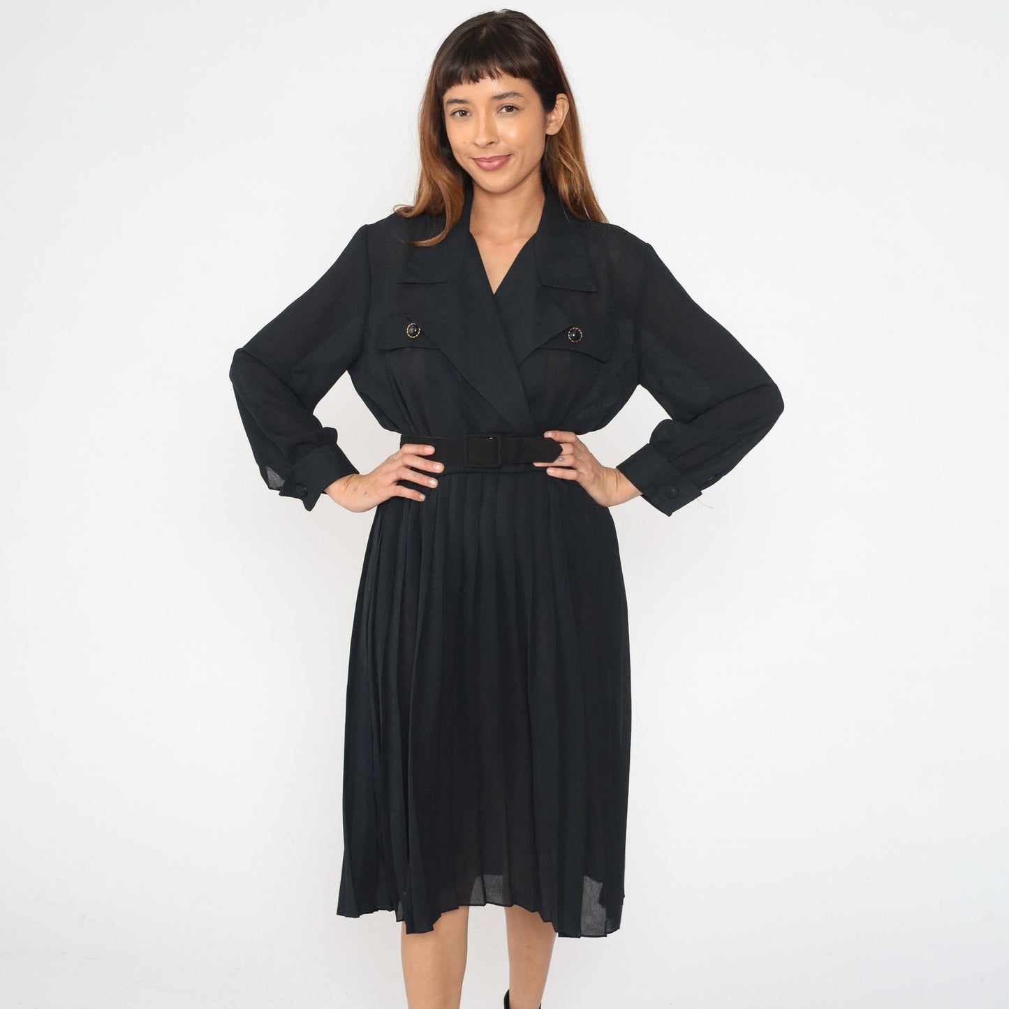 90s Black Wrap Midi Dress Surplice V-Neck High Waist Long Sleeve Medium 8