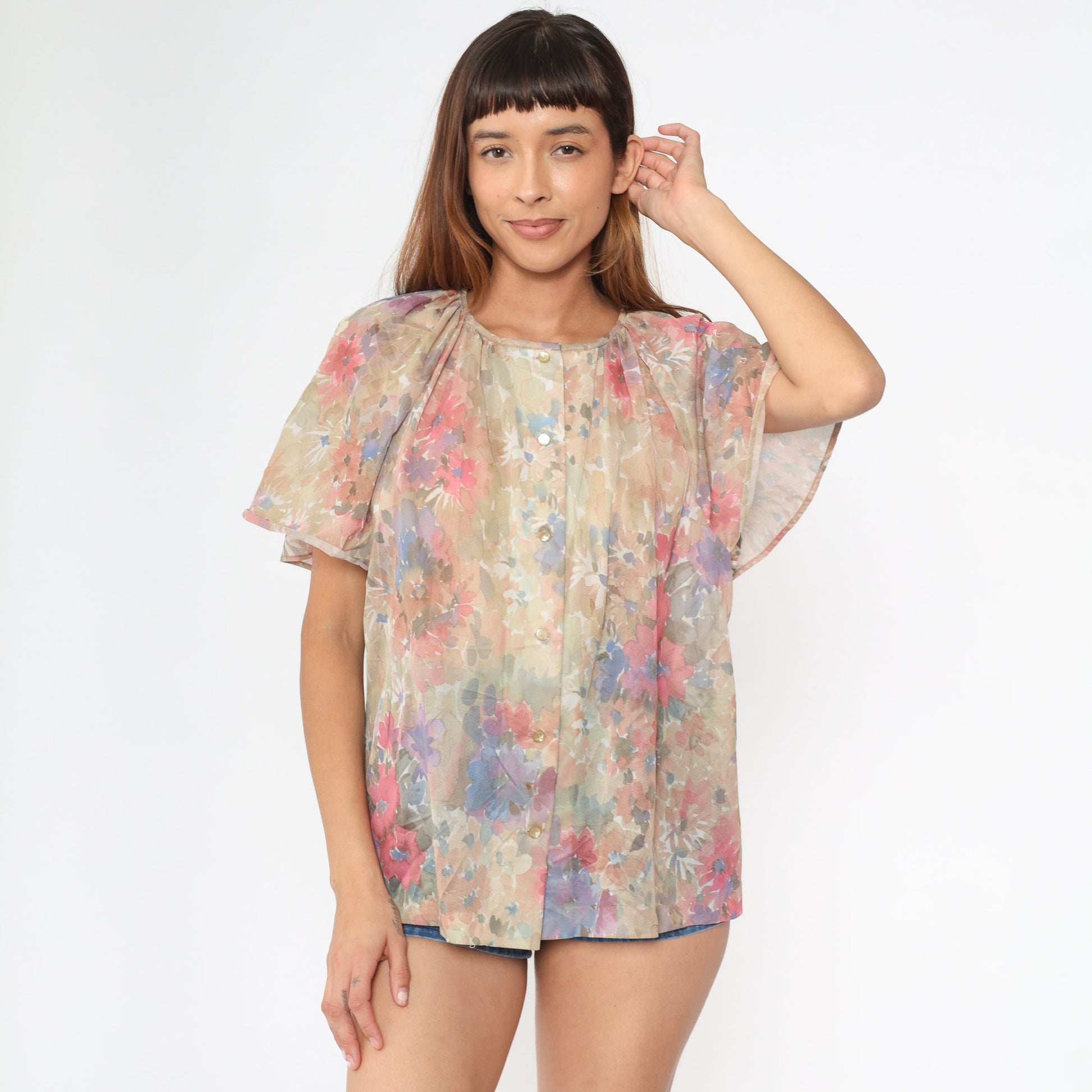 70s Watercolor Floral Button-Up Blouse Short Flutter Sleeve Pink Tan White Medium Large