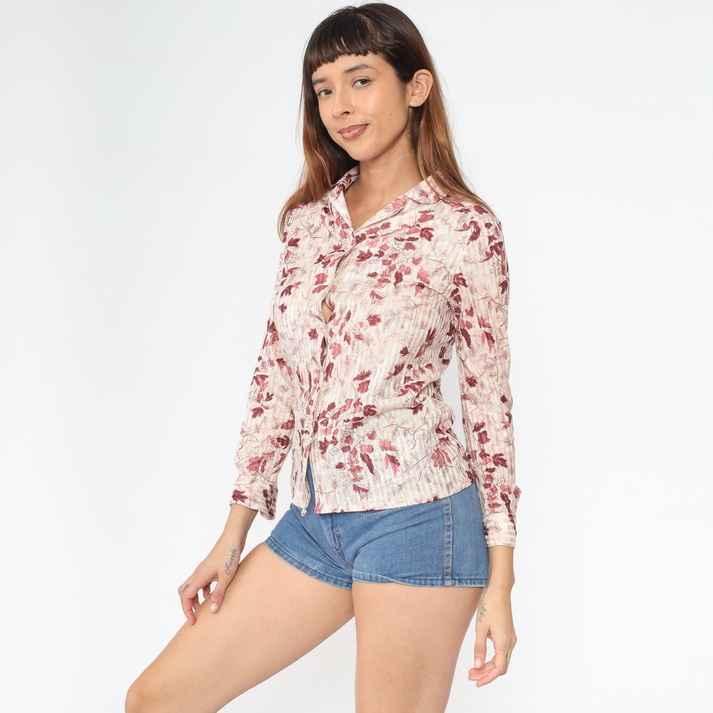 70s Leaf Print Button-Up Blouse Burgundy Pink Cream Long Sleeve Small