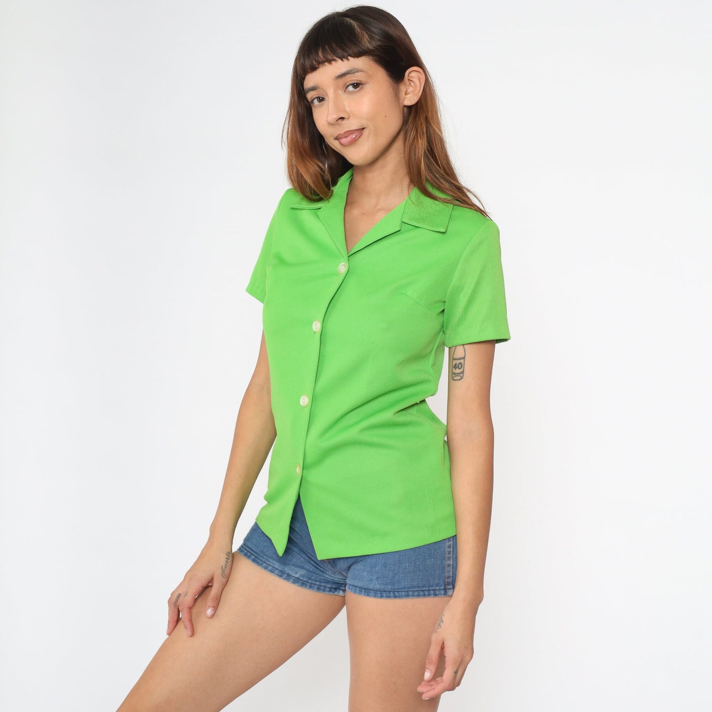 70s Lime Green Button-Up Blouse Short Sleeve Collar Small S