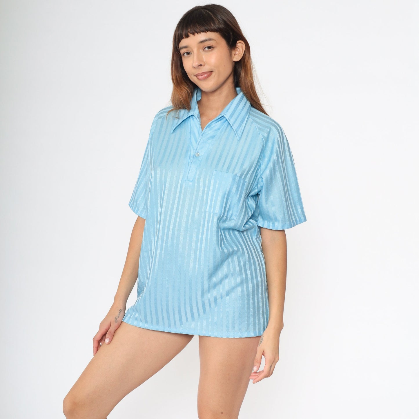 70s Lily Dache Baby Blue Striped Polo Shirt Men's Large L