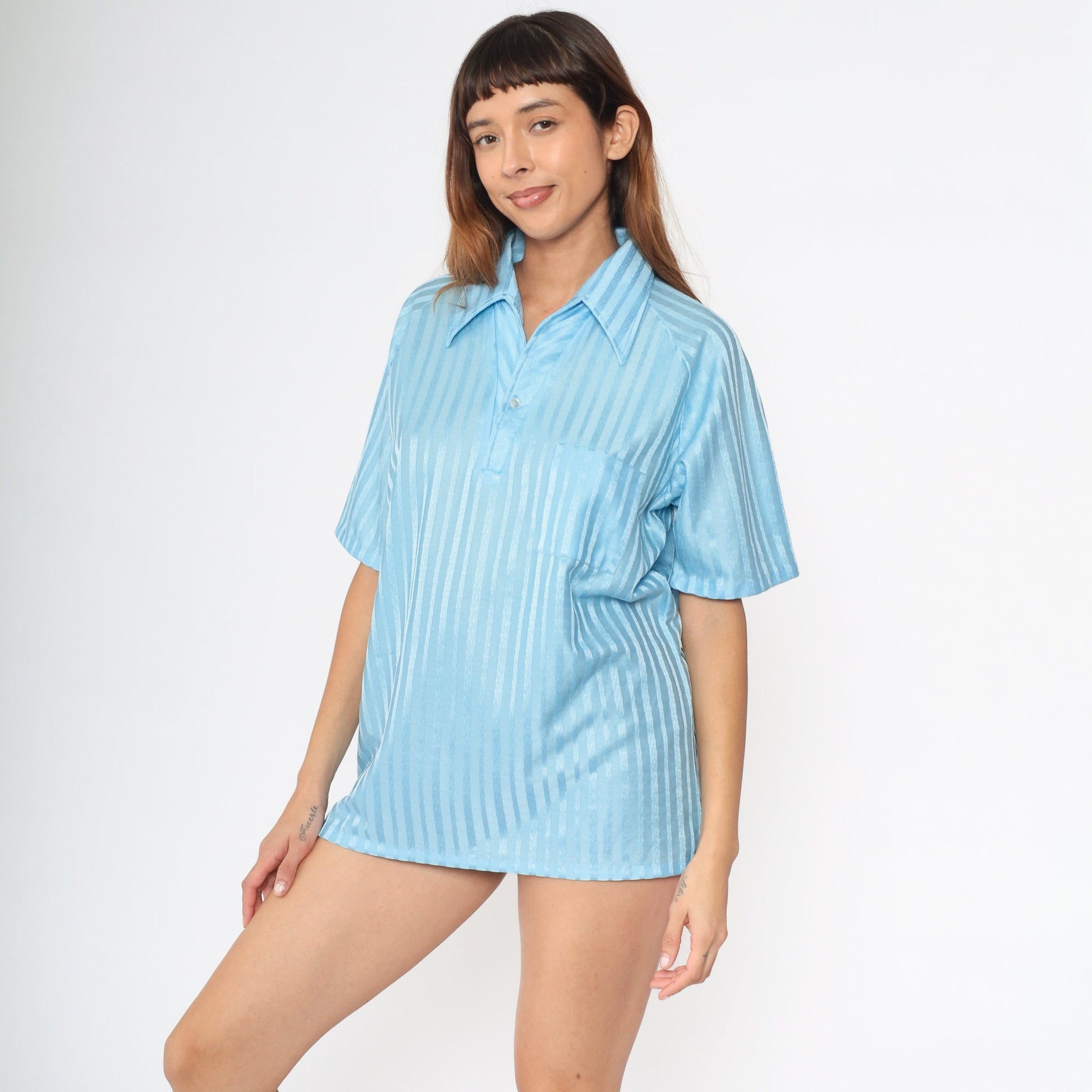 70s Lily Dache Baby Blue Striped Polo Shirt Men's Large L
