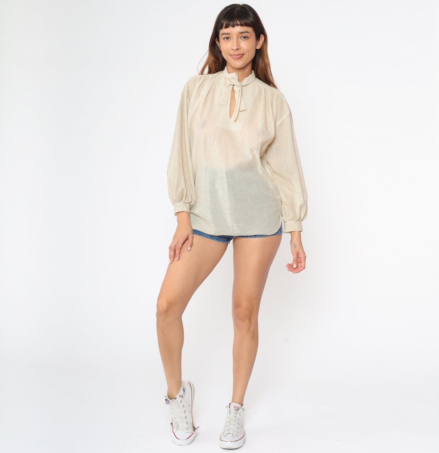 70s Metallic Gold Ascot Bow Blouse Cream Semi-Sheer Long Sleeve Medium