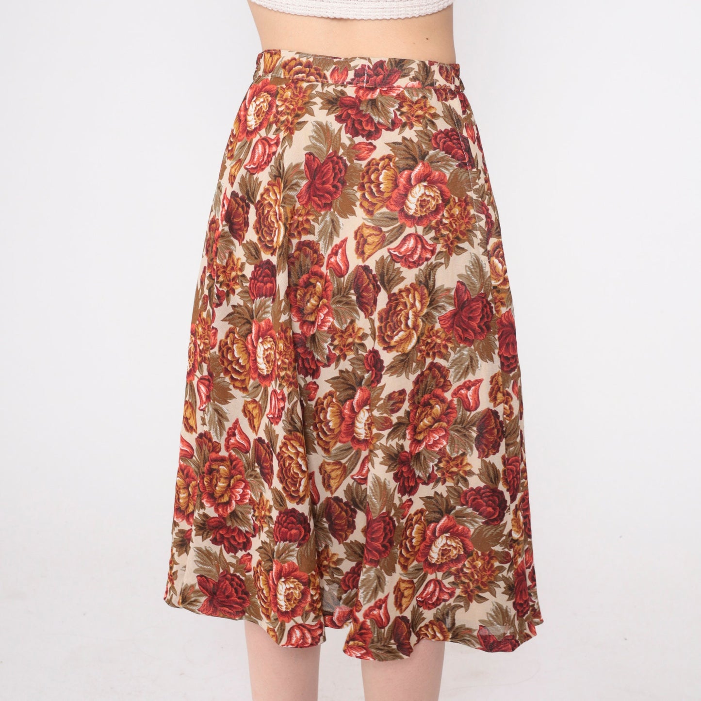 90s White Floral Midi Skirt High Waisted Rose Print A-Line Extra Small