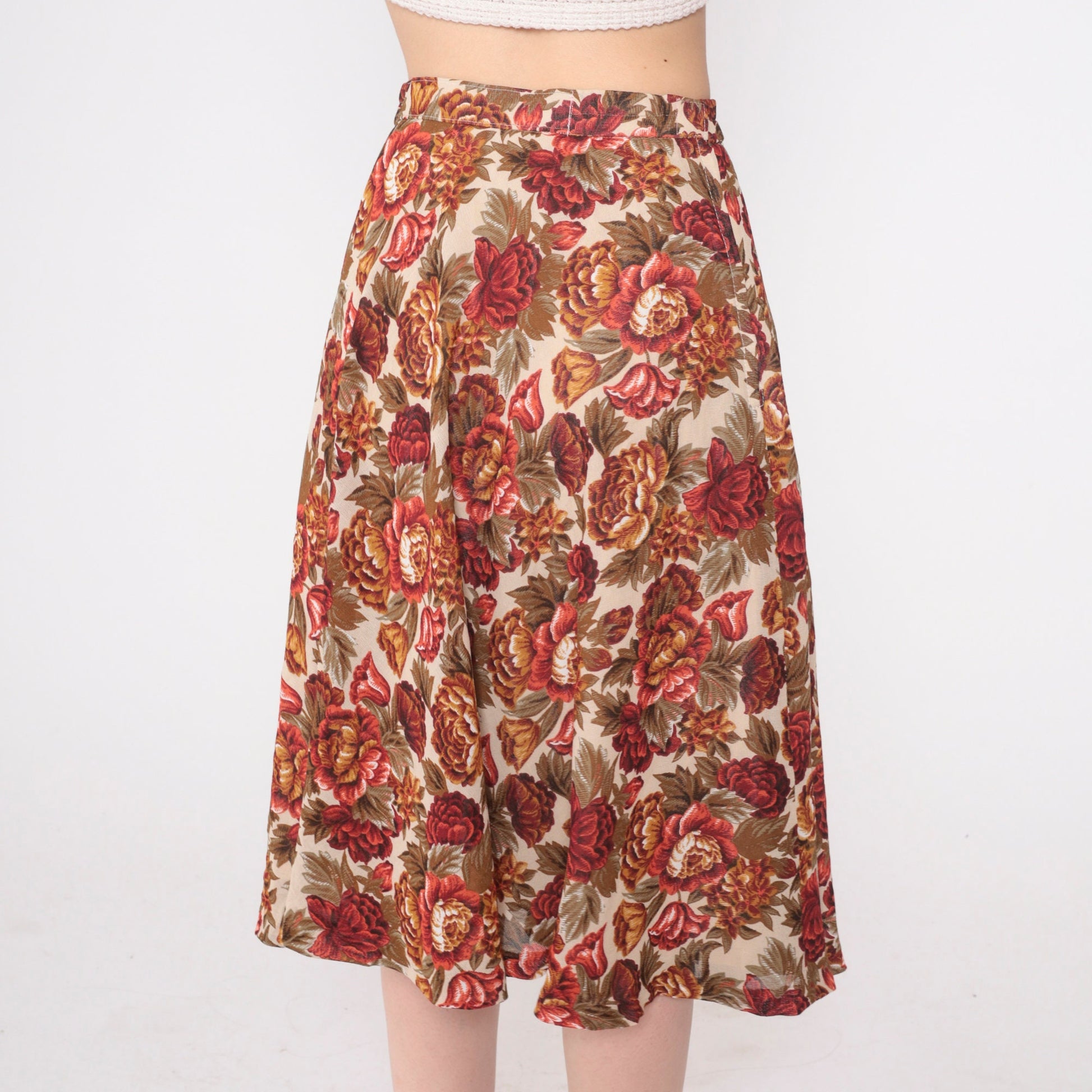 90s White Floral Midi Skirt High Waisted Rose Print A-Line Extra Small