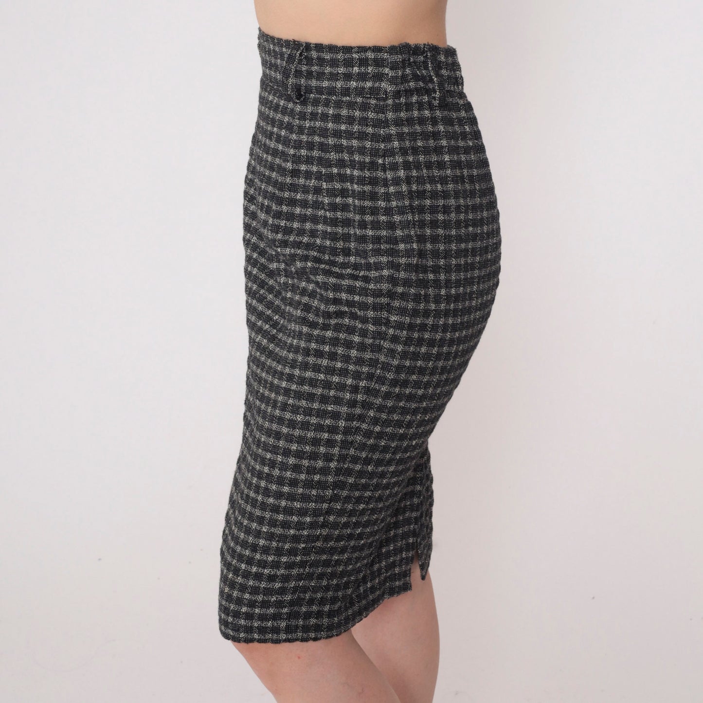 90s Black Grey Checkered Pencil Skirt High Waisted Mini Extra Small