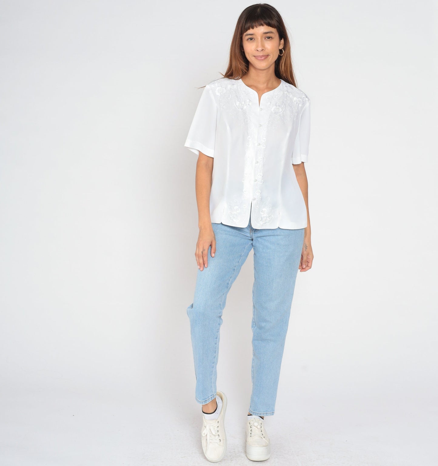 90s White Embroidered Pearl Beaded Button-Up Blouse Short Sleeve Large L