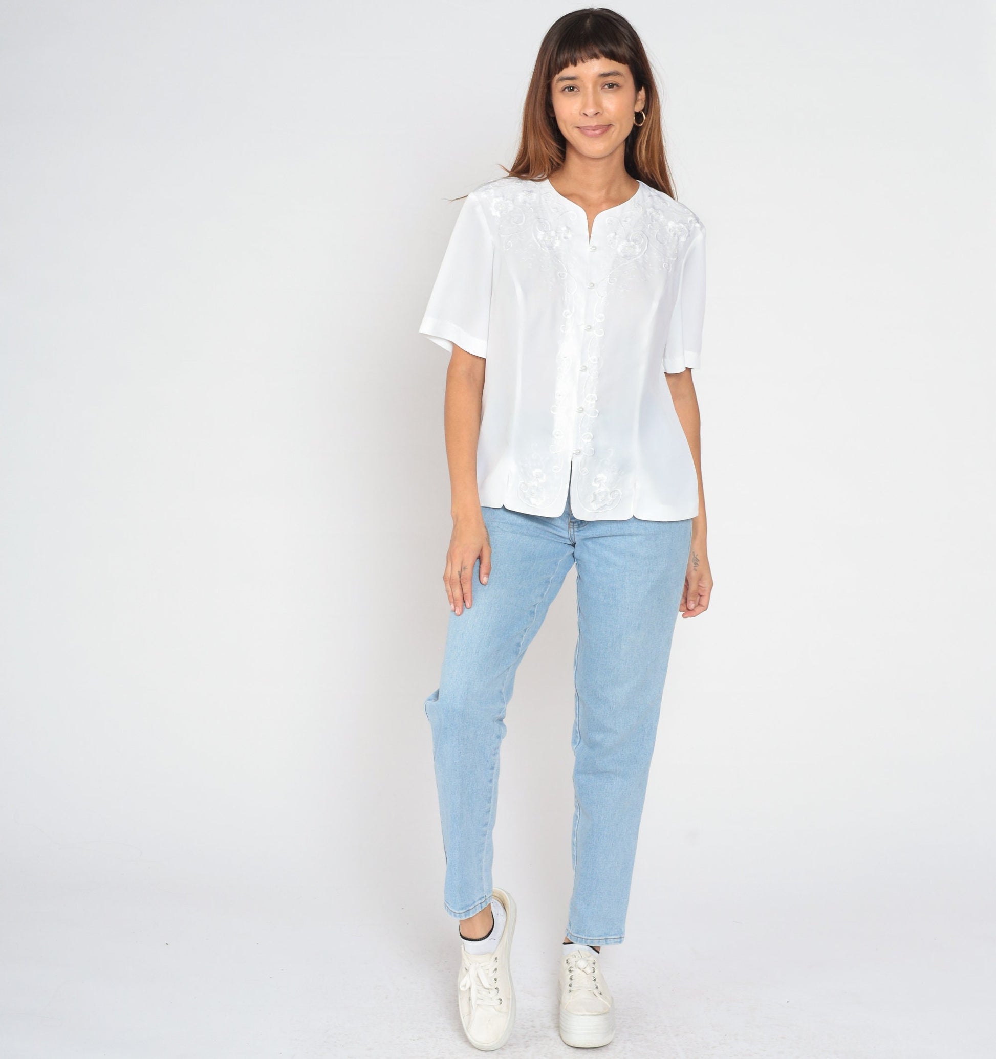90s White Embroidered Pearl Beaded Button-Up Blouse Short Sleeve Large L