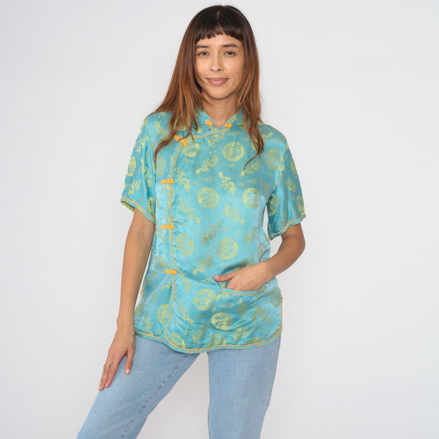 80s Cheongsam Blouse Blue Dragon Medallion Mandarin Collar Frog Button Medium
