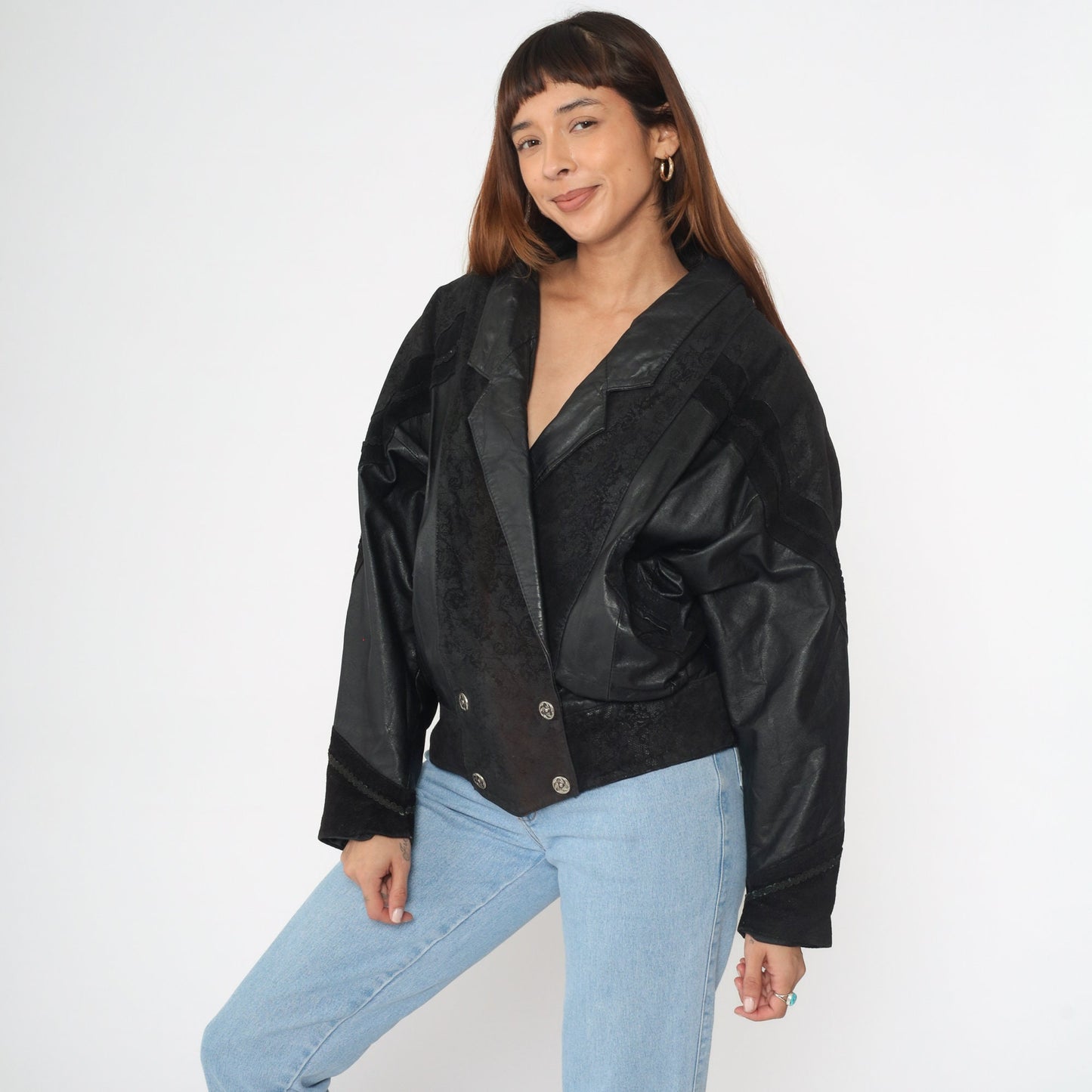 90s G-III Black Leather Jacket Notch Lapel Buttoned Medium