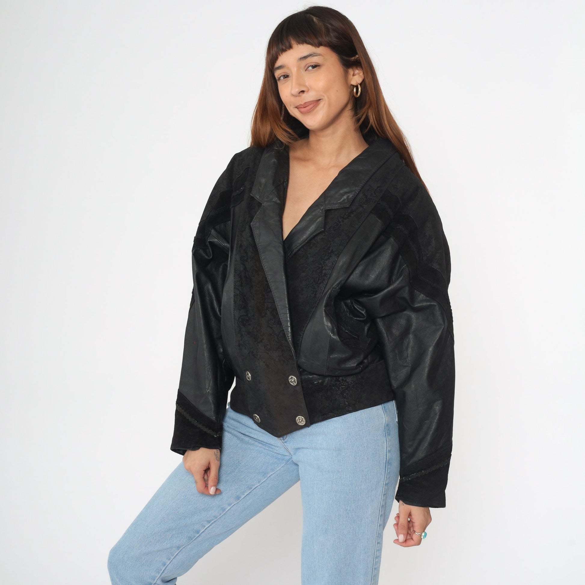 90s G-III Black Leather Jacket Notch Lapel Buttoned Medium