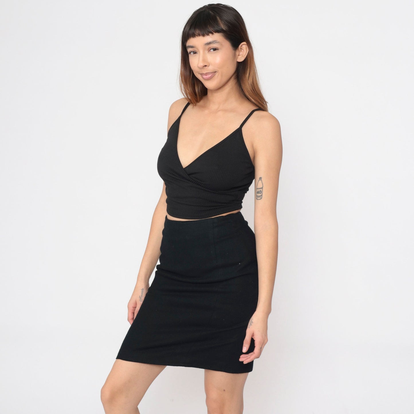 90s Black Wool Mini Pencil Skirt High Waist Rear Zip Extra Small XS