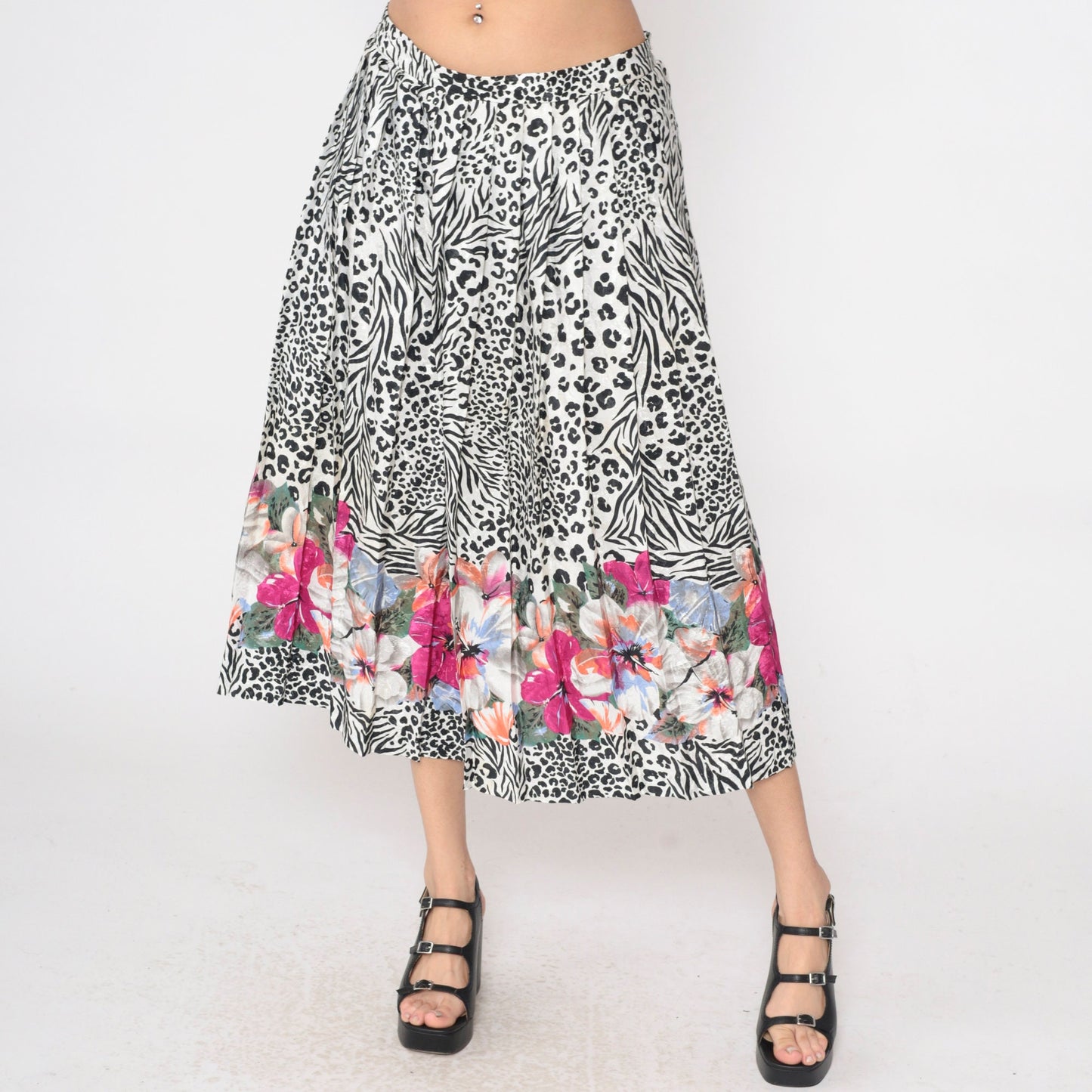 80s Leopard Zebra Floral Embossed Pleated Midi Skirt High Waist Black White Large