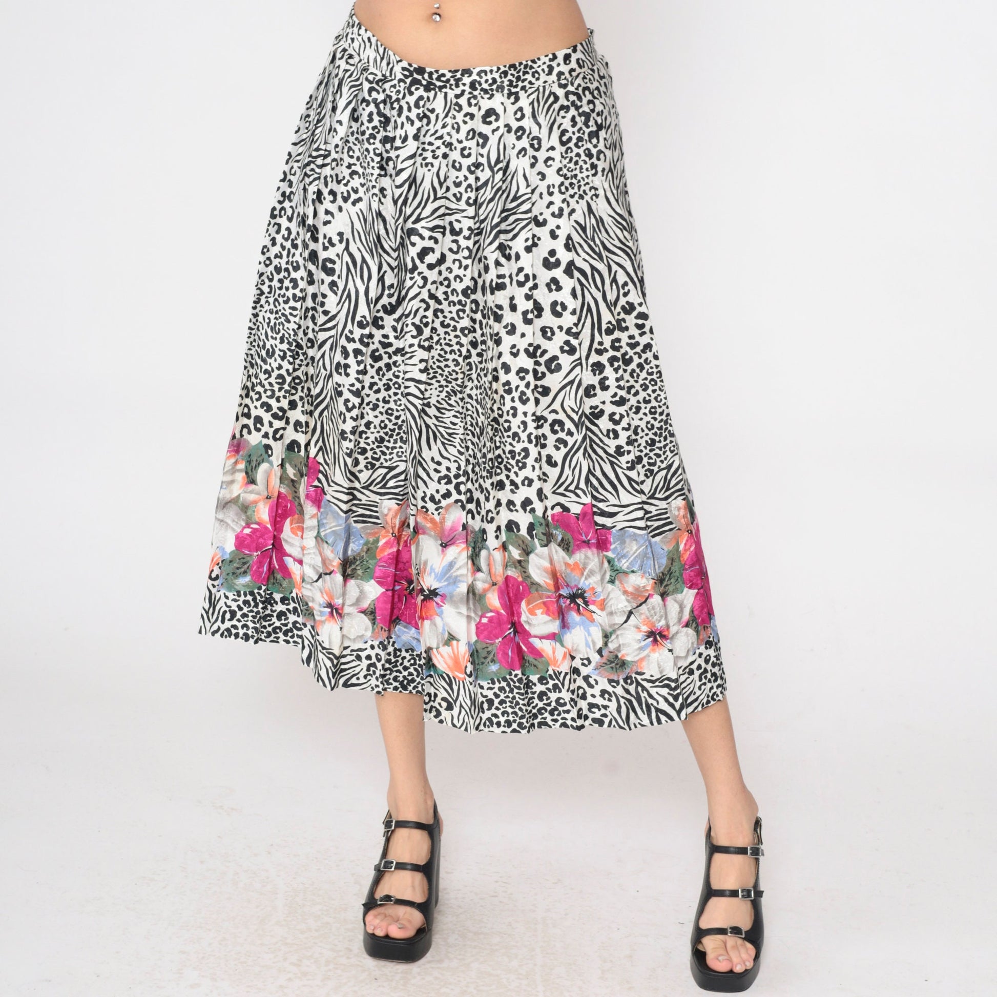 80s Leopard Zebra Floral Embossed Pleated Midi Skirt High Waist Black White Large