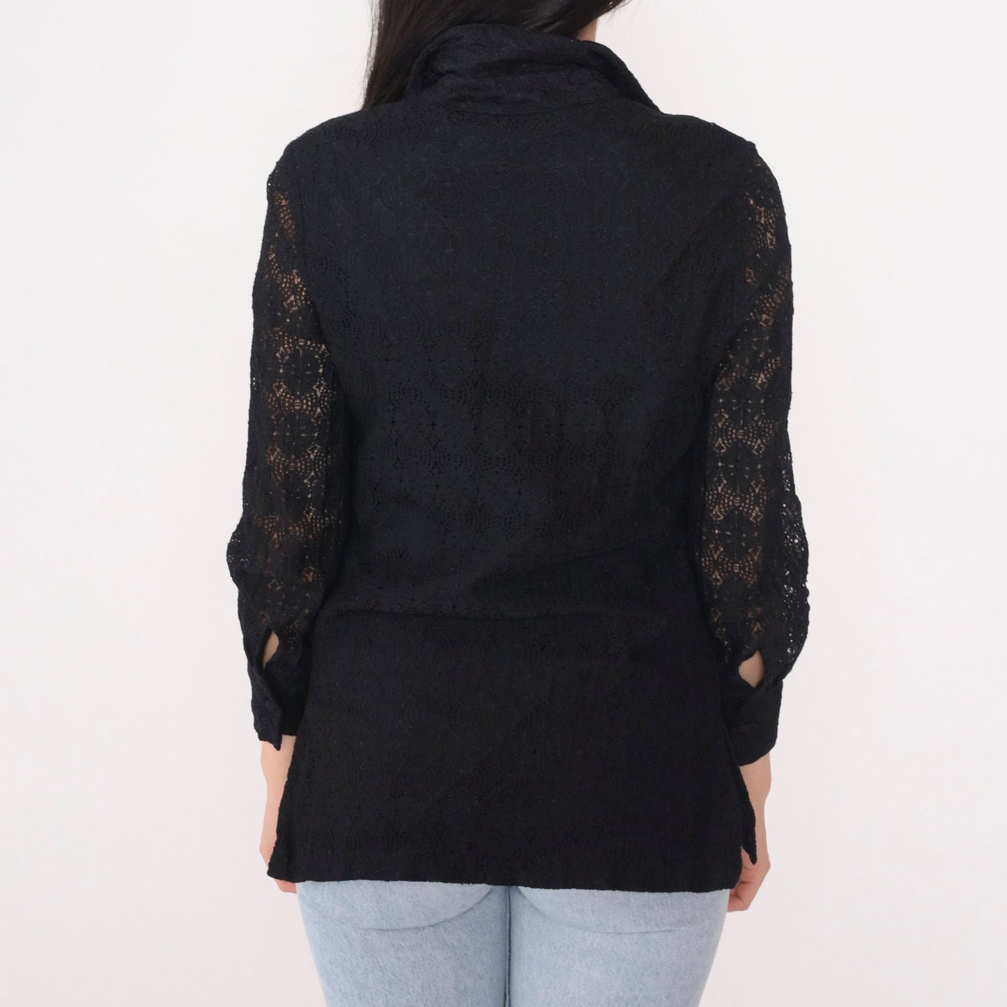 80s Black Lace Blouse Long Sleeve Button Up Floral Cutout Top Small