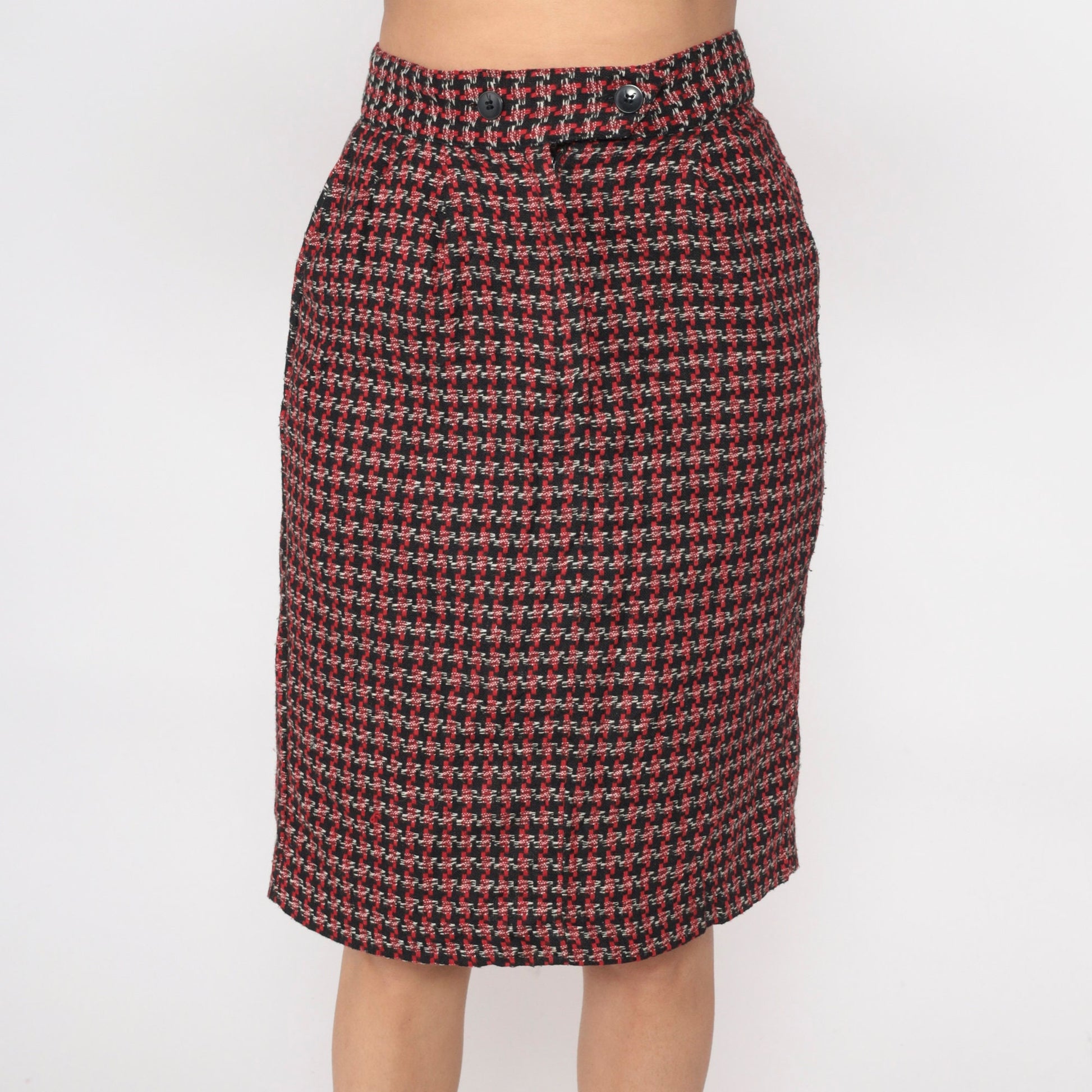 80s Diane von Furstenberg Houndstooth Pencil Skirt High Waisted Black Red White Small
