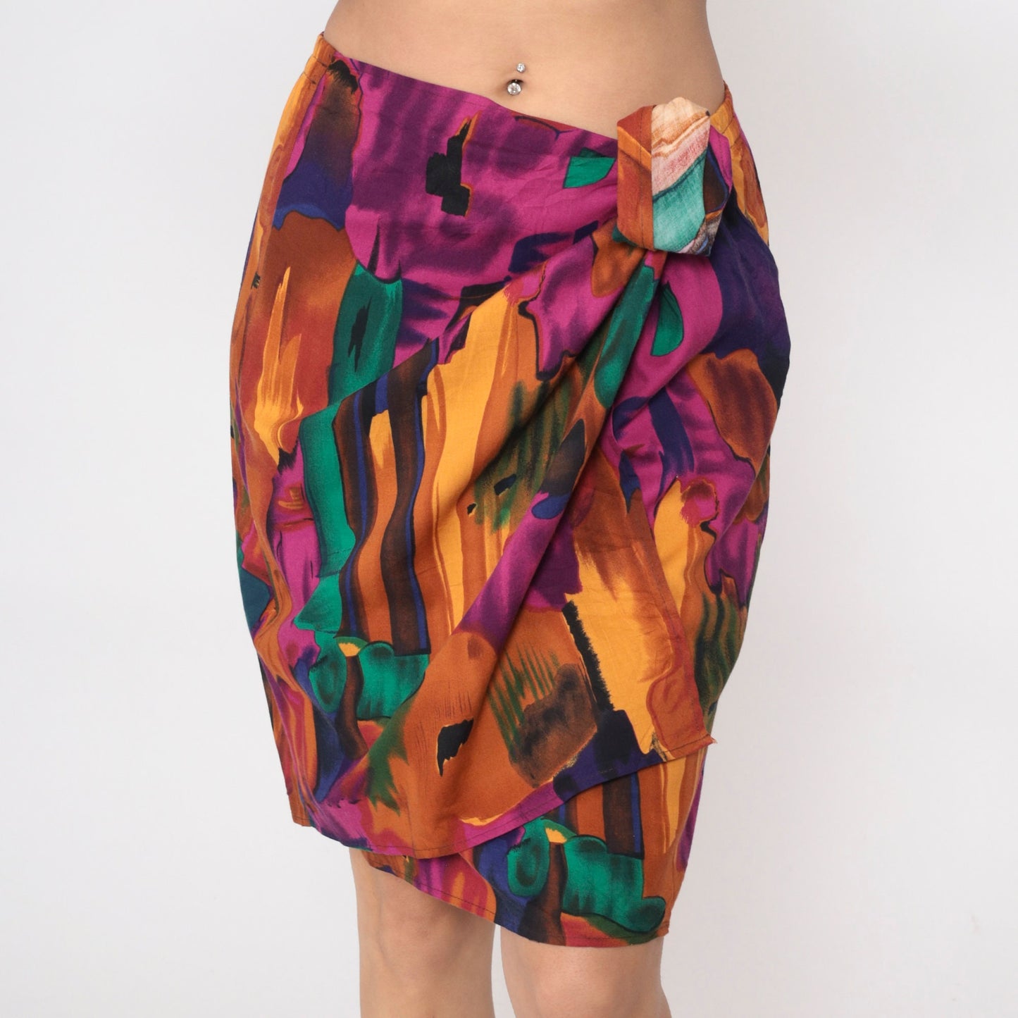 90s Sue Brett Abstract Watercolor Mini Skirt Faux Wrap Elastic Waist Medium Large