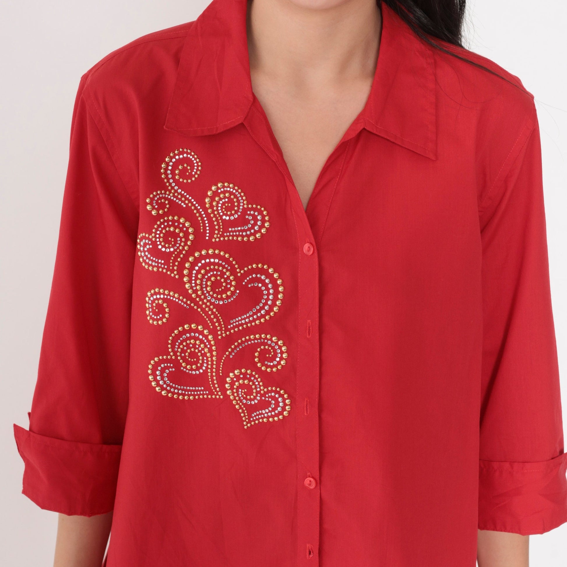 90s Red Studded Heart Button-Up Blouse Gold Silver Studs 3/4 Sleeve Medium M