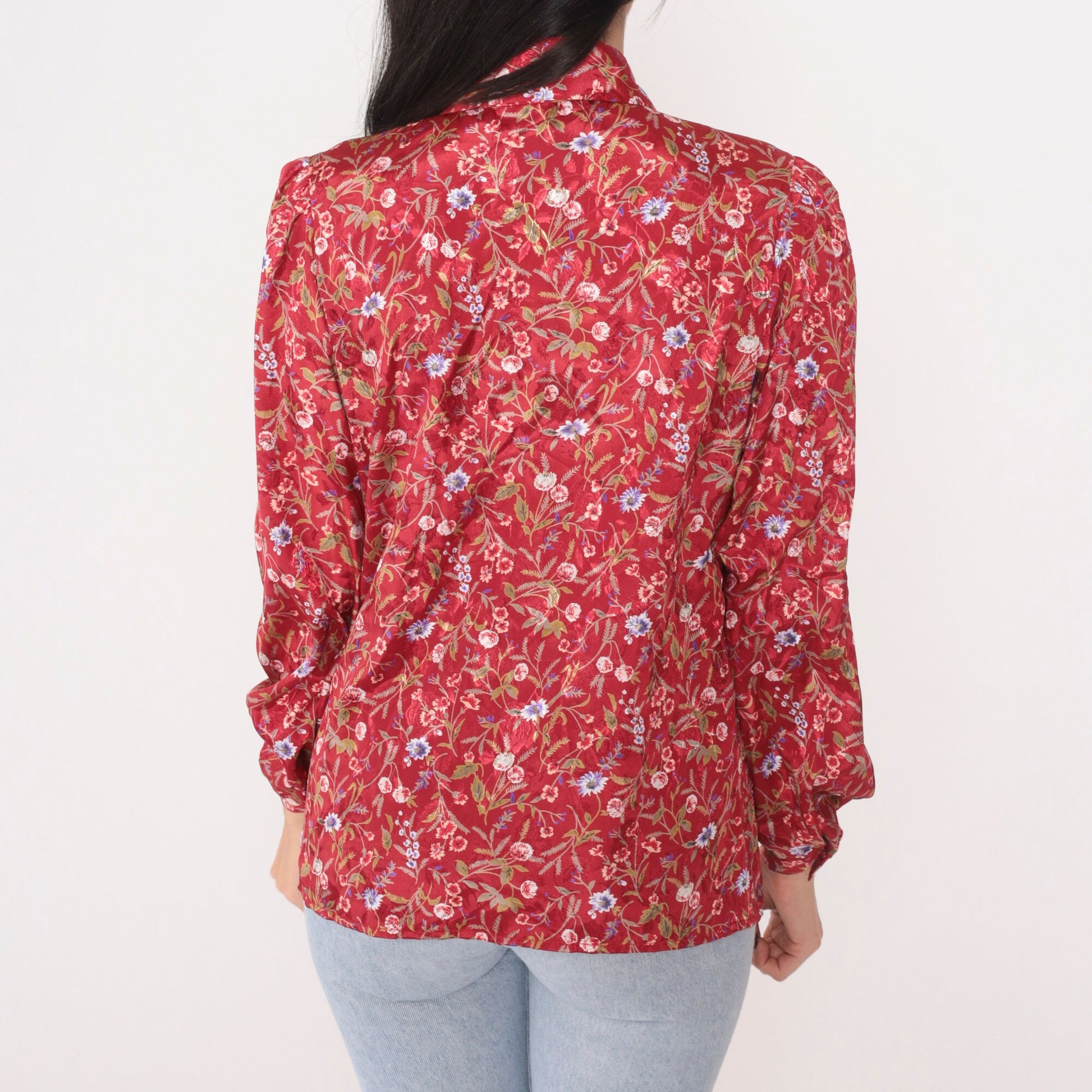 80s Gianna Floral Ascot Blouse Red Puff Sleeve Button-Up Medium