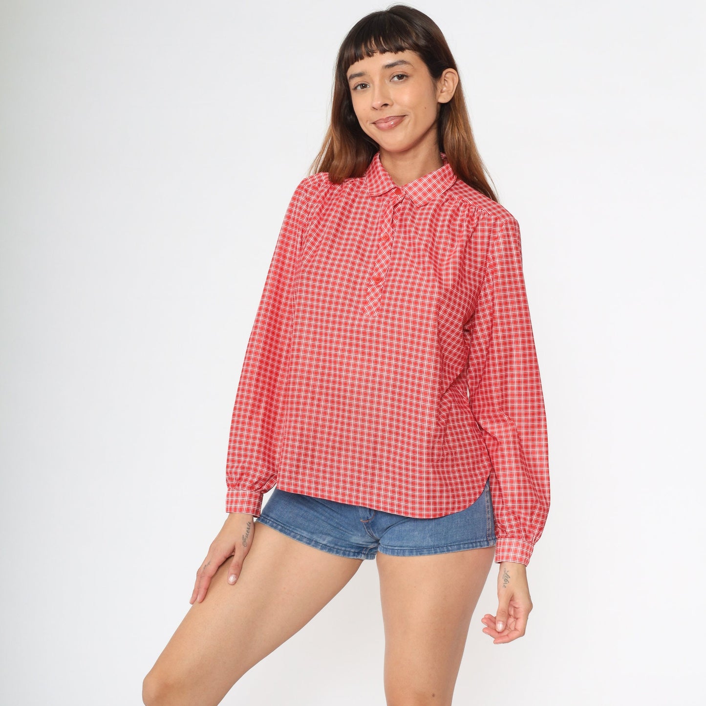 70s Checkered Blouse Red White Collared Long Sleeve Polo Shirt Medium M