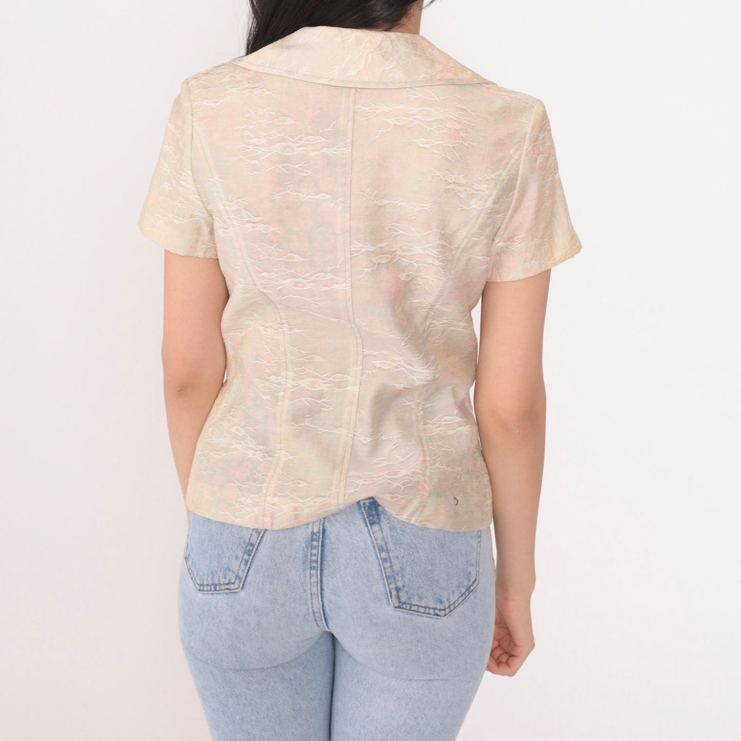 Y2K Watercolor Floral Button-Up Blouse Pastel Abstract Print Short Sleeve Small