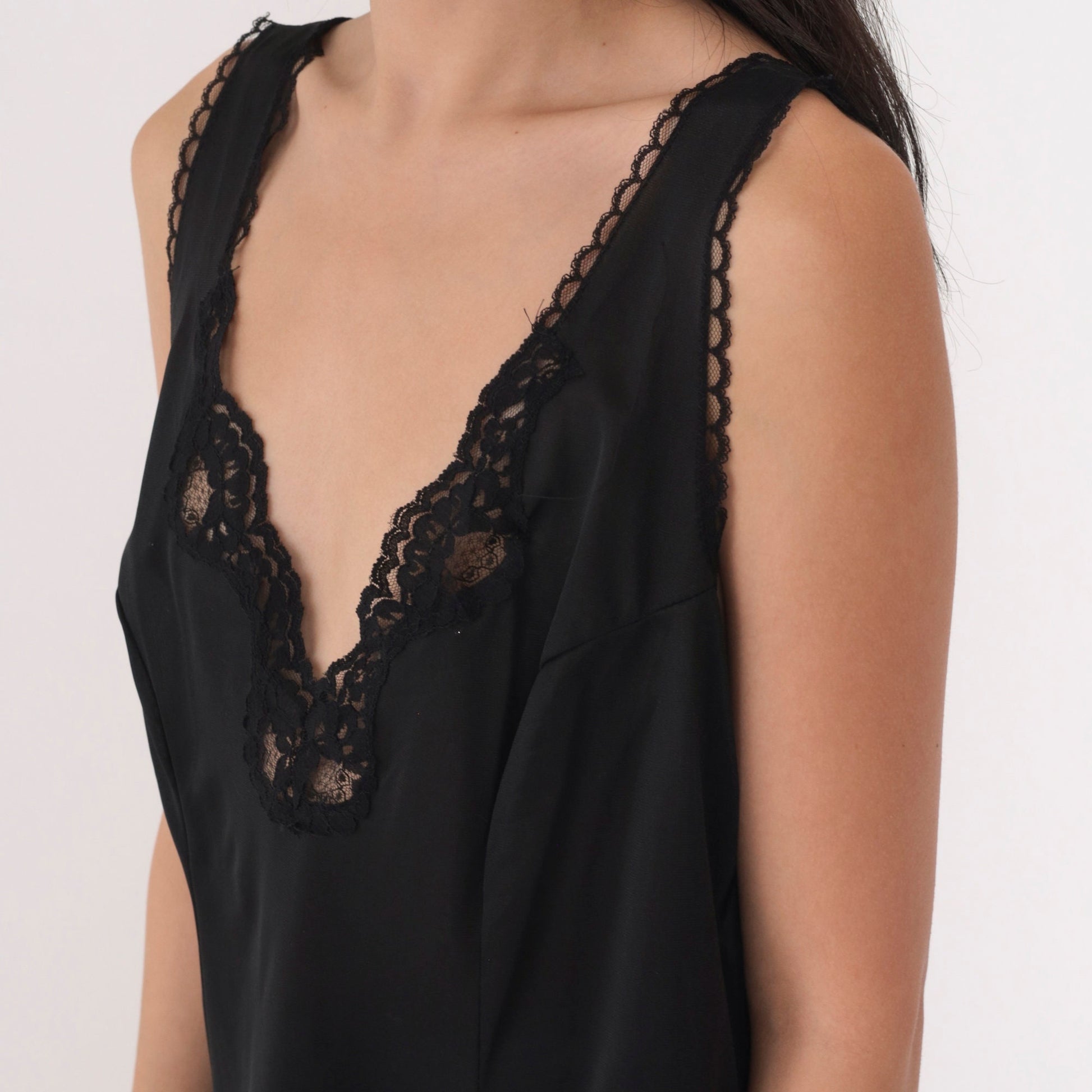 70s Black Lace Camisole V-Neck Tank Top Lingerie Extra Large