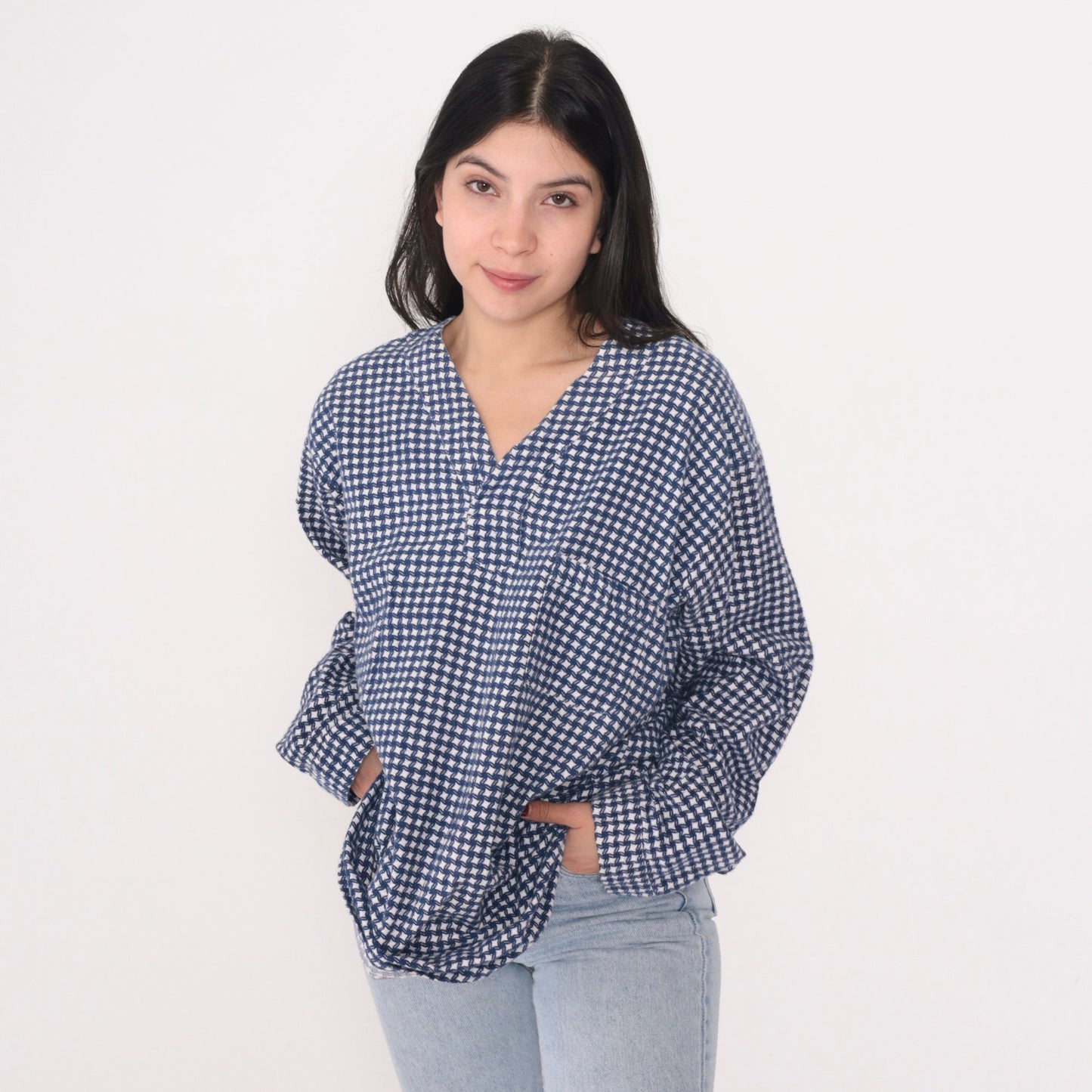 80s Blue White Checkered Cotton Tunic Top Long Sleeve V-Neck Extra Large XL