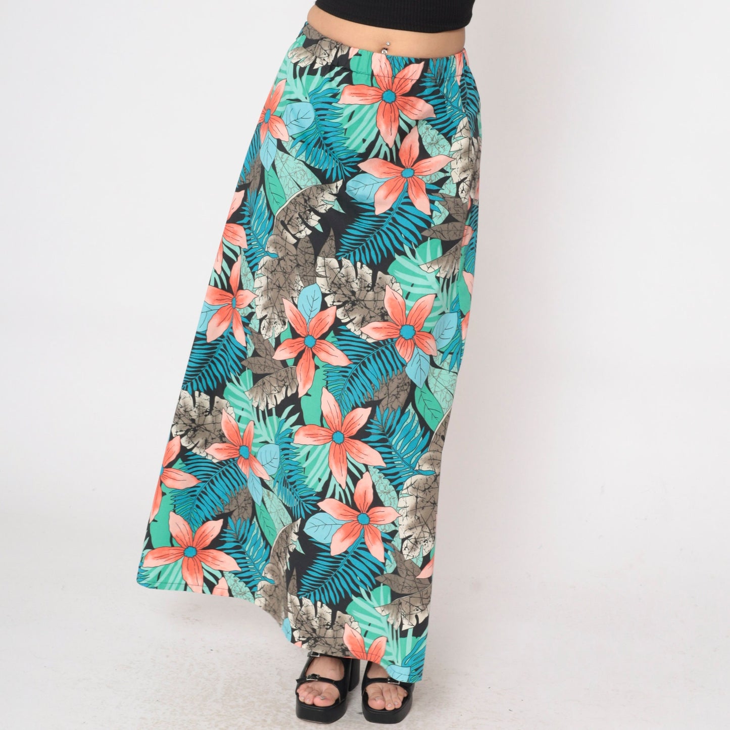 80s Tropical Floral Maxi Skirt High Waist Fern Print Blue Green Orange Small