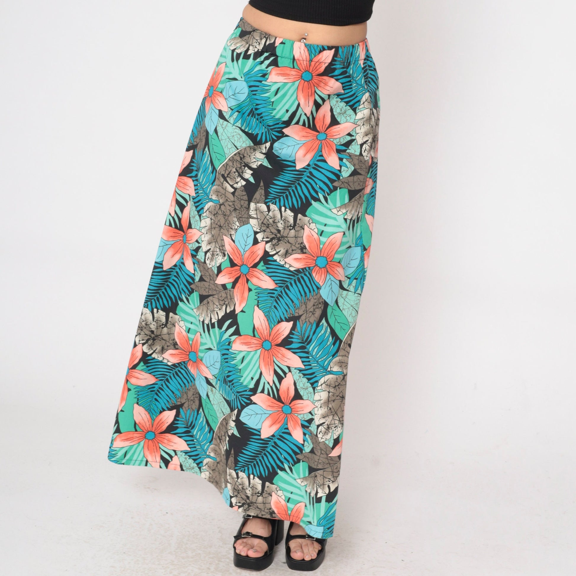 80s Tropical Floral Maxi Skirt High Waist Fern Print Blue Green Orange Small