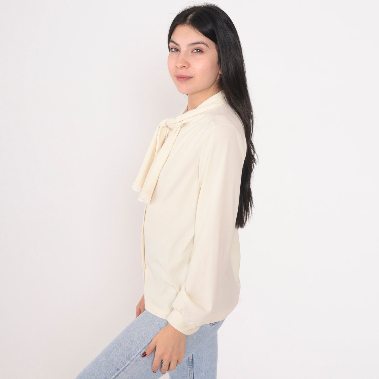 70s Cream Necktie Blouse Button Up Long Sleeve Lace Trim Small