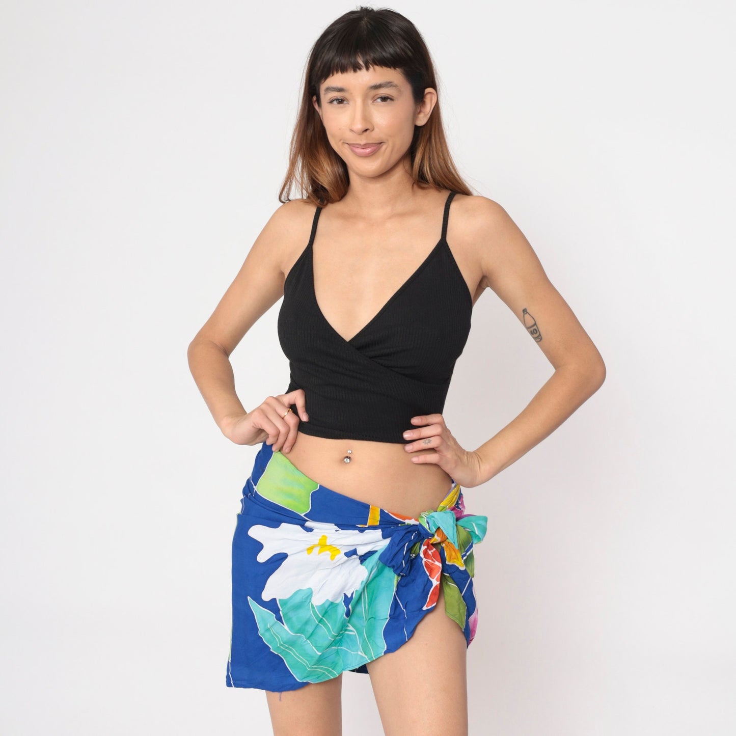 80s Buster N Bogi Tropical Sarong Mini Skirt Blue Floral Rayon Medium