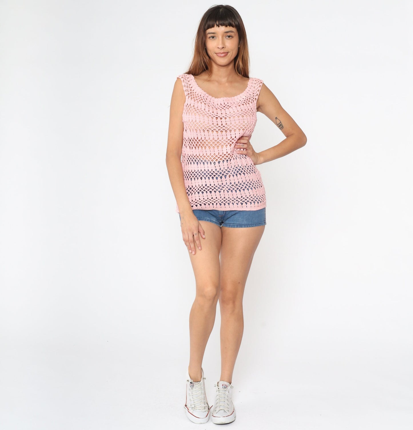 70s Baby Pink Crochet Tank Top Cotton Sheer Knit Small