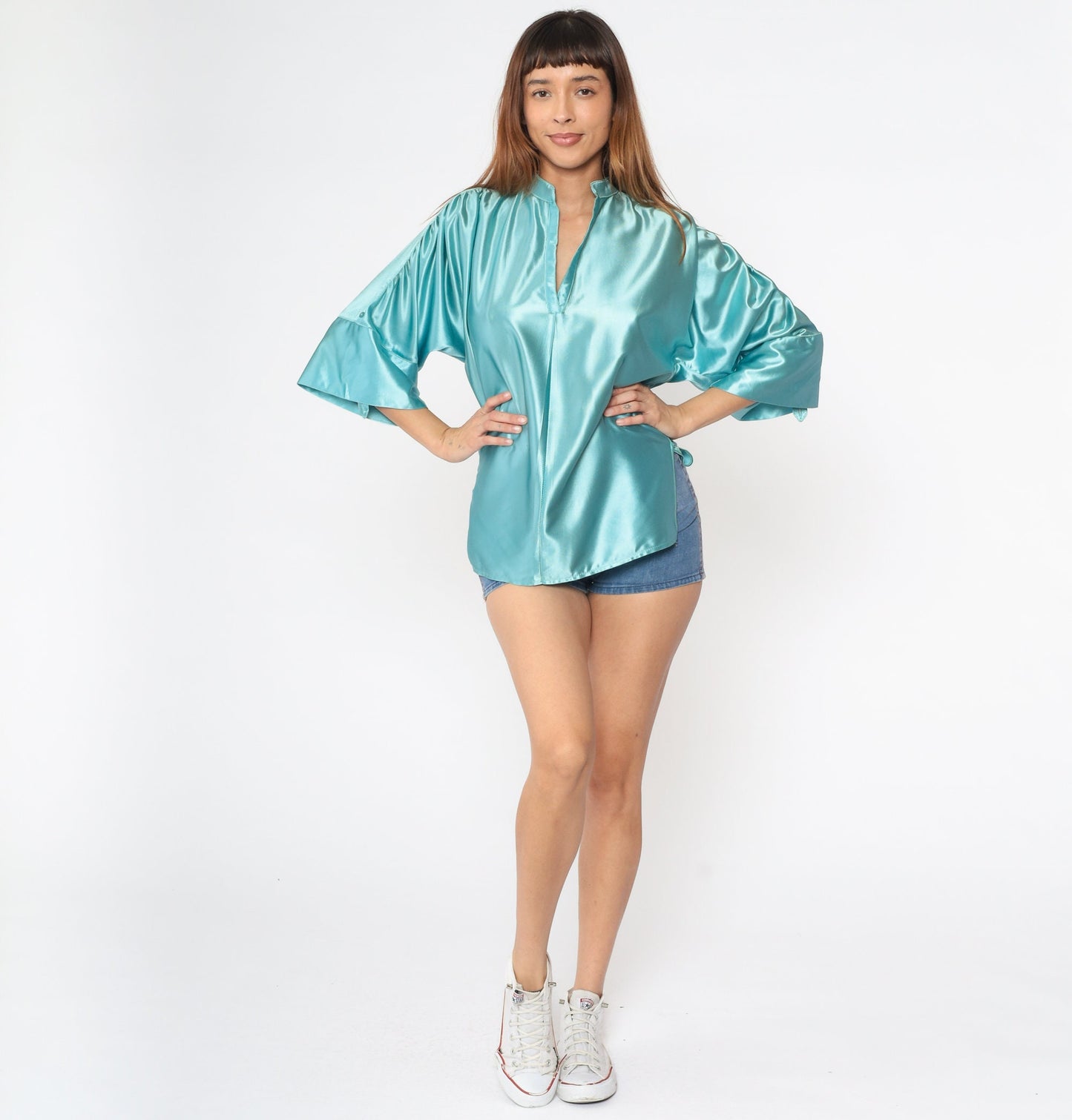 70s Jon Pier Shiny Blue Mandarin Collar Blouse V-Neck 3/4 Sleeve Small S