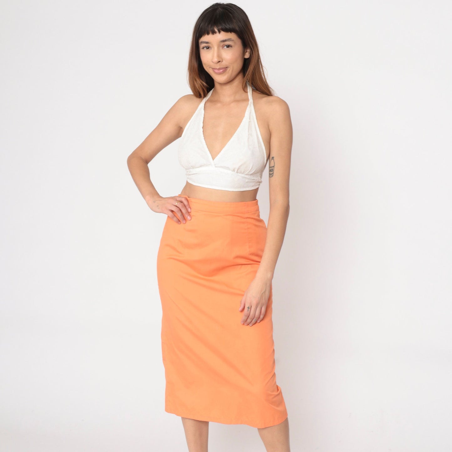 80s Orange Midi Pencil Skirt High Waist Kick Pleat Small