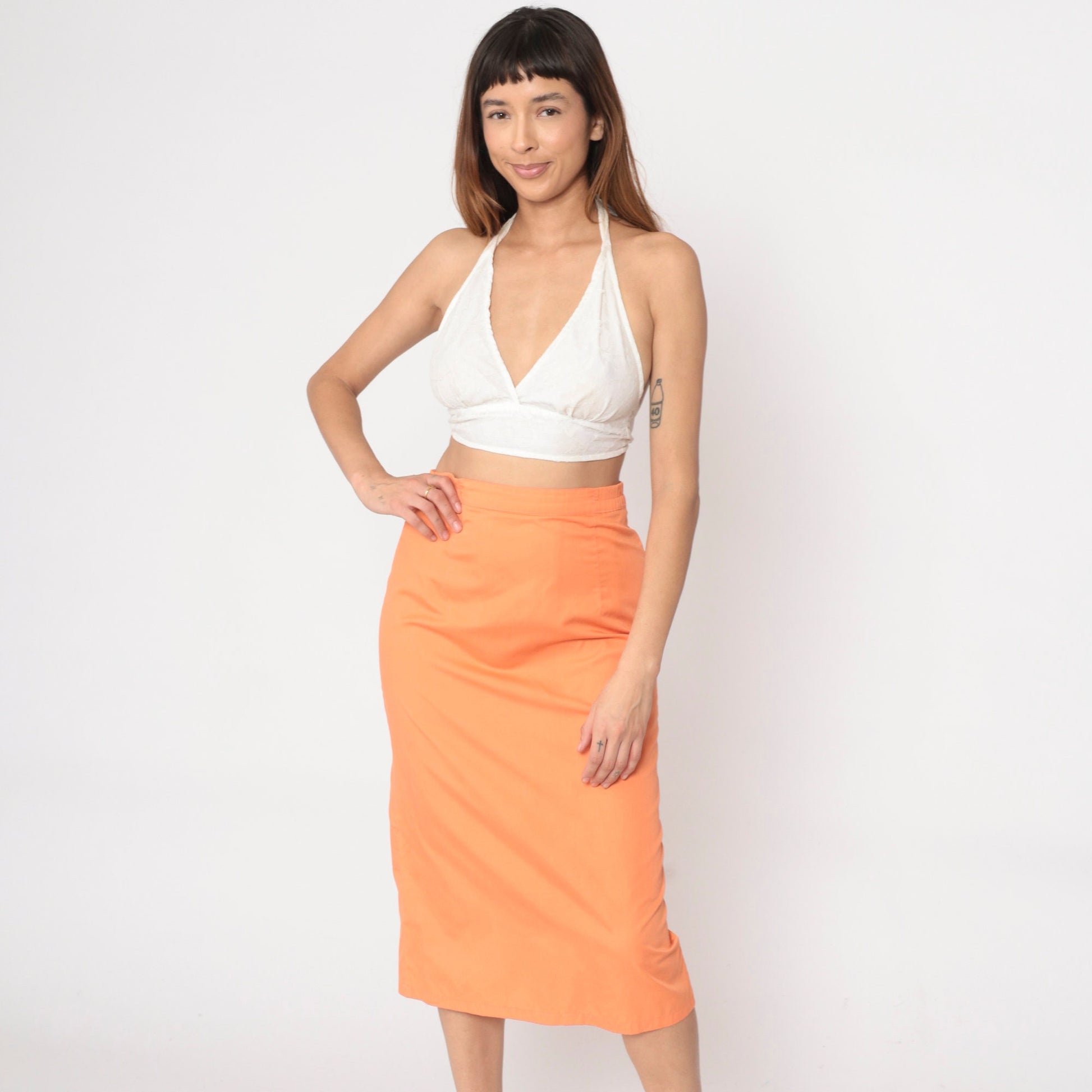 80s Orange Midi Pencil Skirt High Waist Kick Pleat Small
