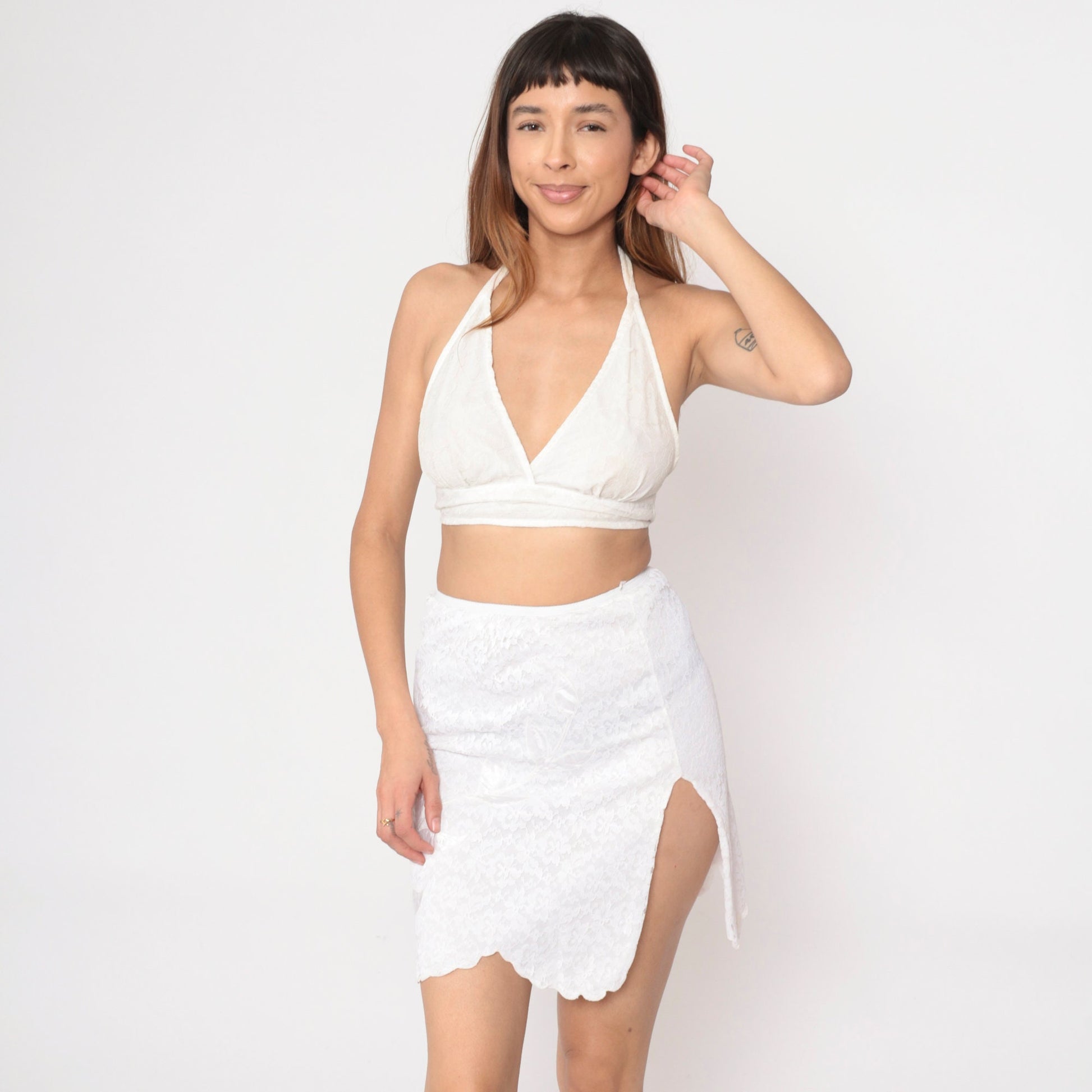 70s White Lace Half Slip Skirt Scalloped Satin Leaf Applique Small