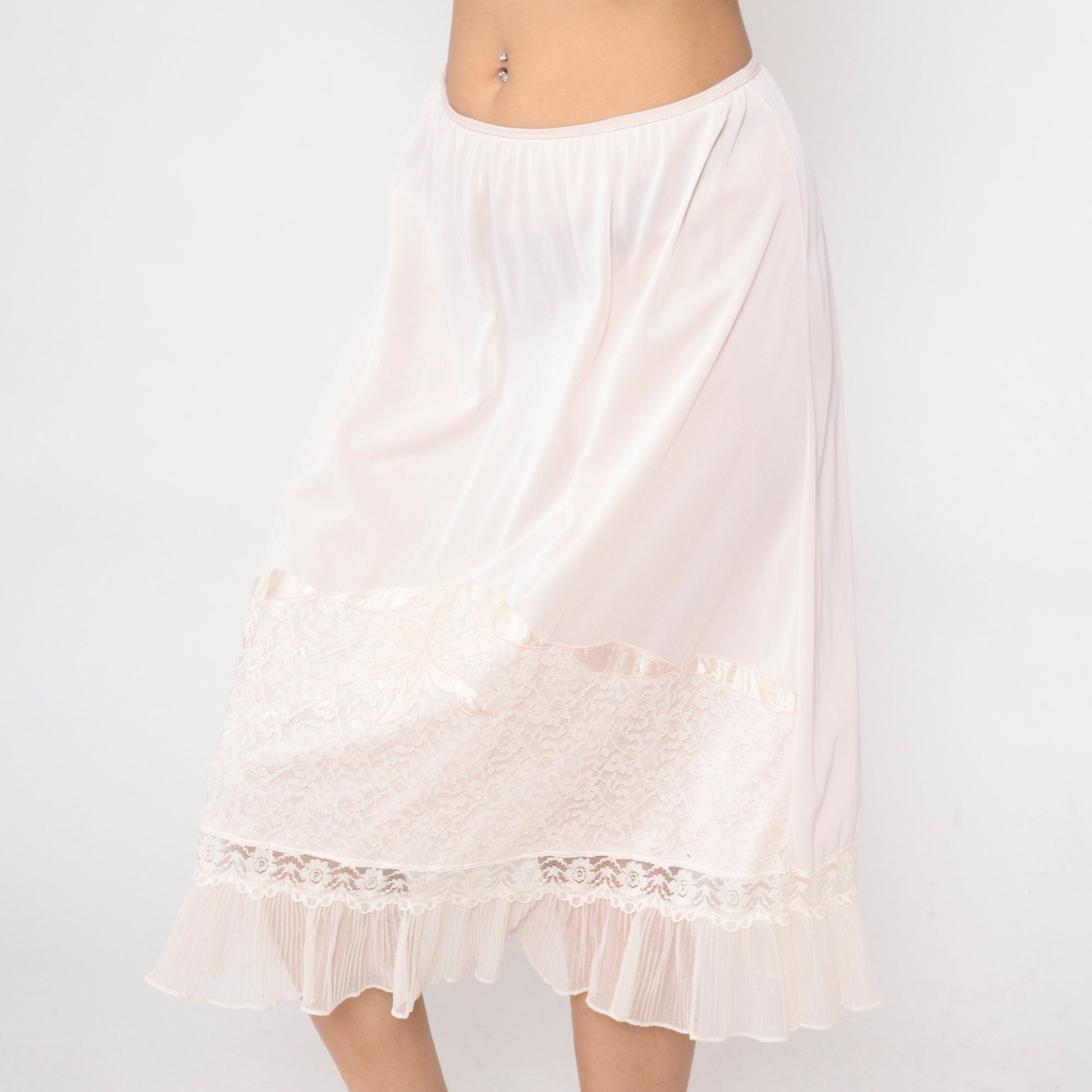 70s Lane Bryant Baby Pink Nylon Slip Skirt Lace Floral Applique Medium Large