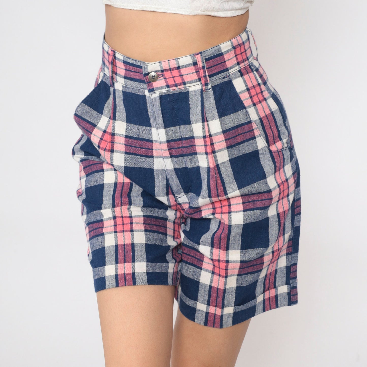 90s Dark Blue Pink Plaid High-Waisted Shorts Pleated Cotton Small