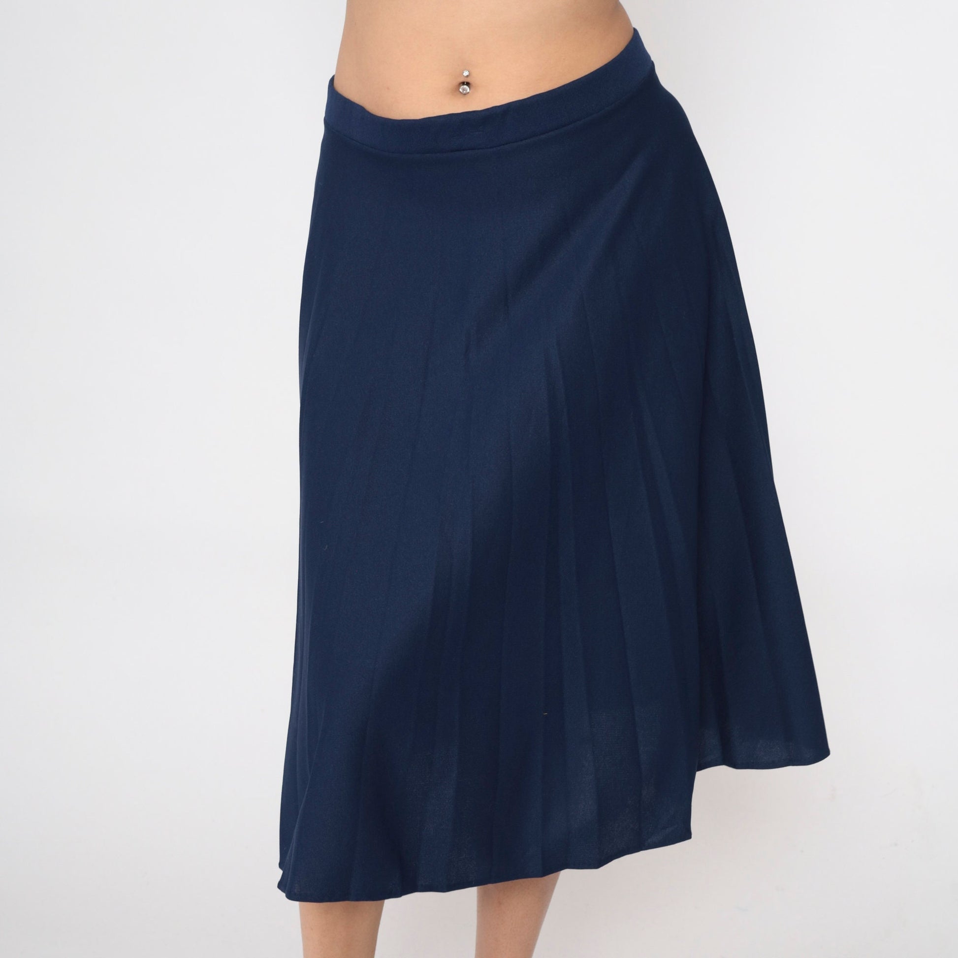 80s Navy Pleated Skirt High Waist Knee Length A-Line Large 14