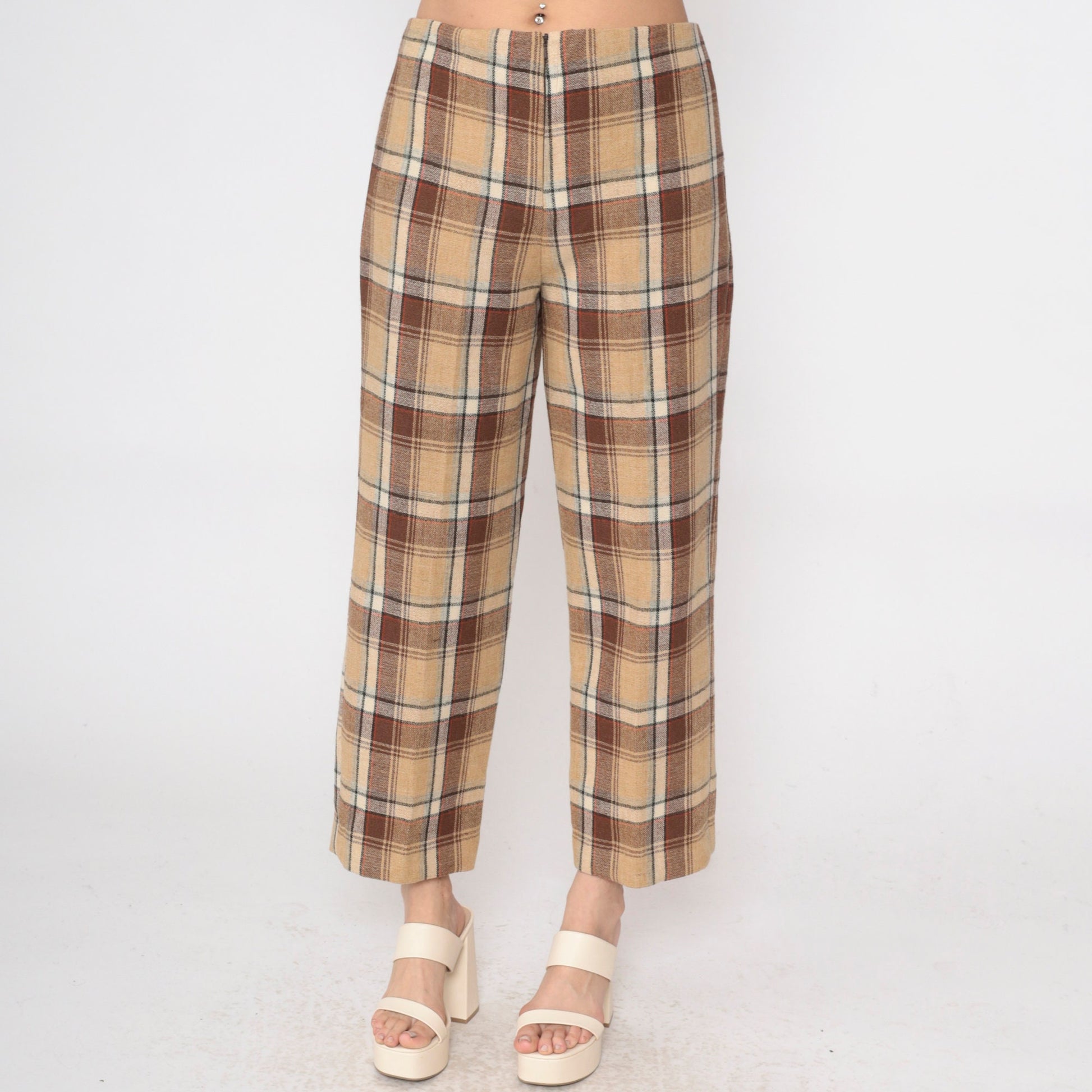 60s Tan Plaid Wool Trousers High Waisted Straight Leg Large L
