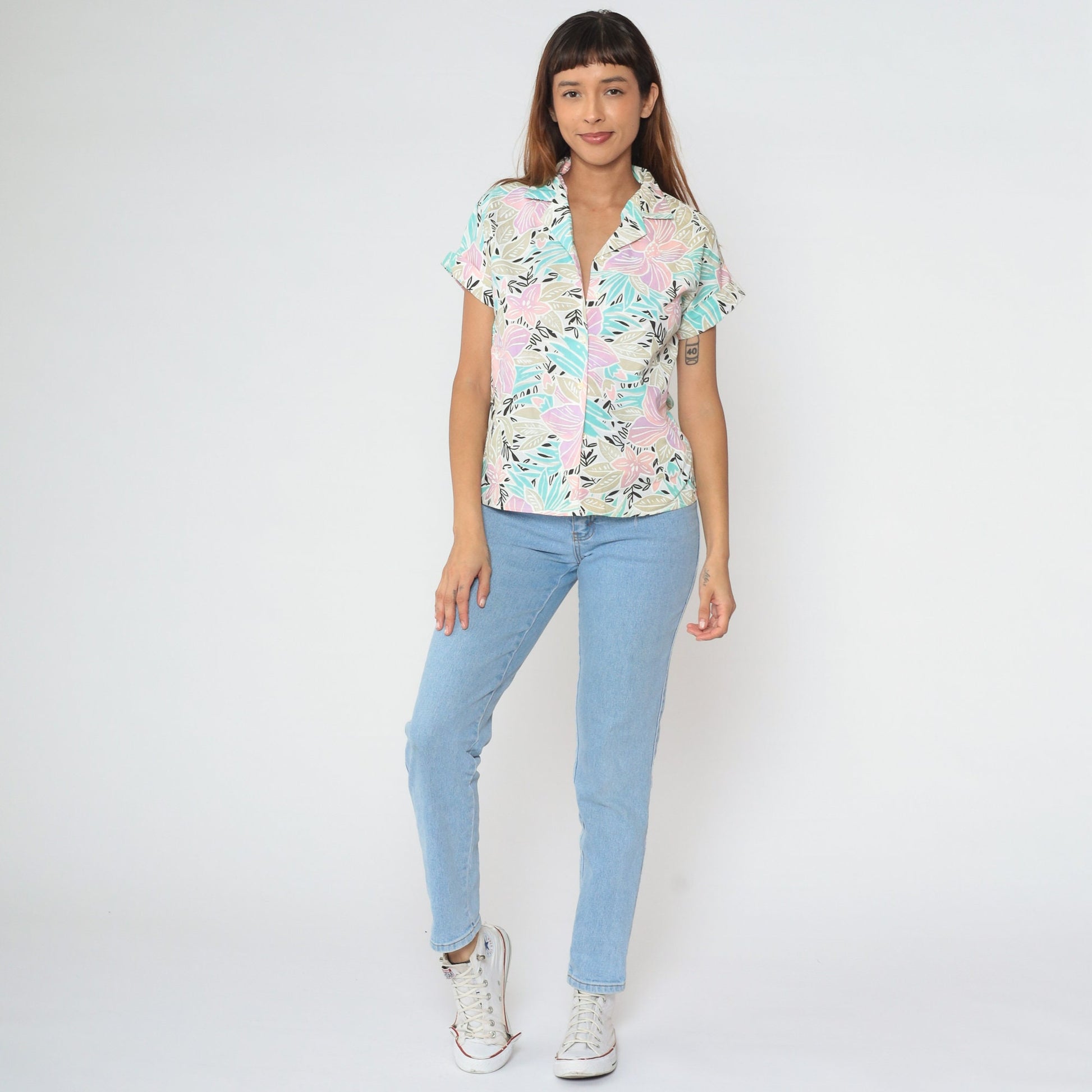 80s Giovelli Tropical Floral Button-Up Blouse Pastel Turquoise Pink Cap Sleeve Small