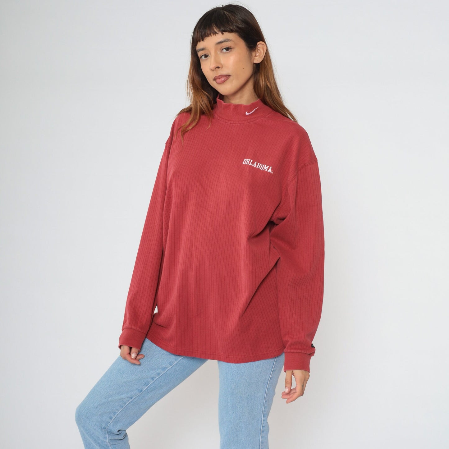 Y2K Nike Oklahoma Mock Neck Long Sleeve Tee Red Swoosh Large