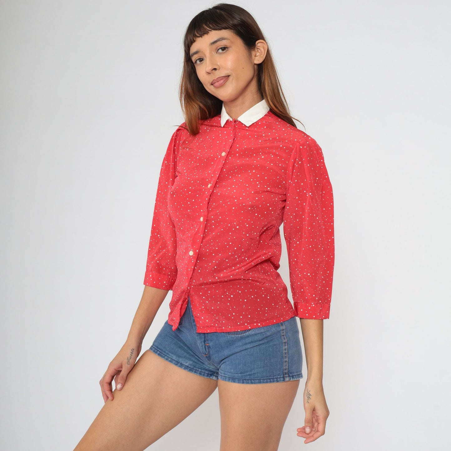 80s Red Polka Dot Puff Sleeve Blouse White Collar Button Up Extra Small