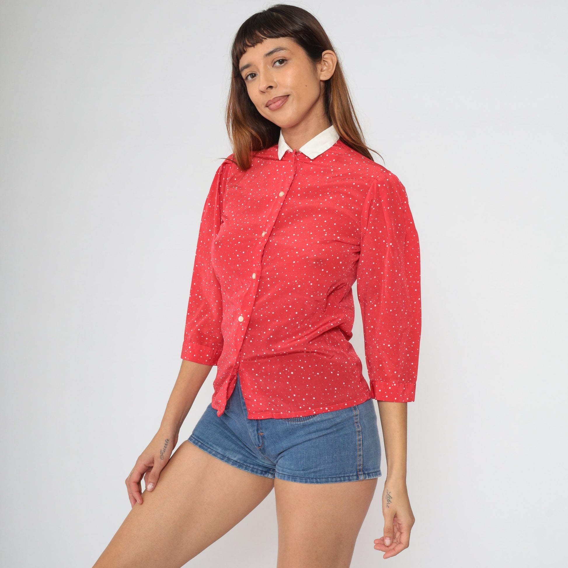 80s Red Polka Dot Puff Sleeve Blouse White Collar Button Up Extra Small